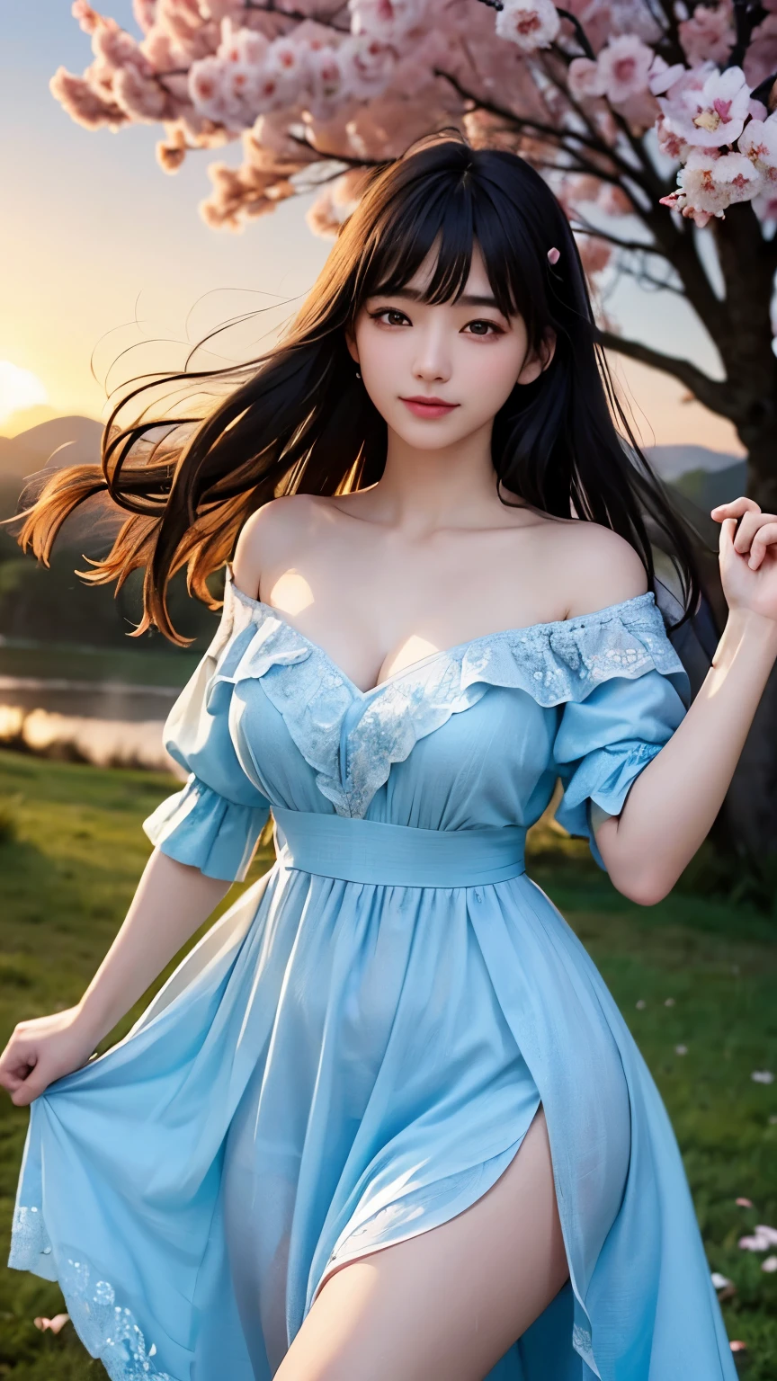 woman,23 years old,Japanese,blue shirt,off shoulder,realistic details, (masterpiece,high quality,High resolution,8k raw photo:1.5,realistic:1.5),Bokeh, (The ultimate cuteness,日本人woman,Beautiful breasts and golden ratio body),excellent details, round eyes,cute lips,Soft smile, (Spring warmth,spring cheerfulness,Flowers are blooming),((足もとからwhole body撮影:1.5,Jump over the camera,whole body:1.5)), (Swaying in the spring breeze,Spring dress and,Silky long hair:1.2), Anatomically accurate and detailed,