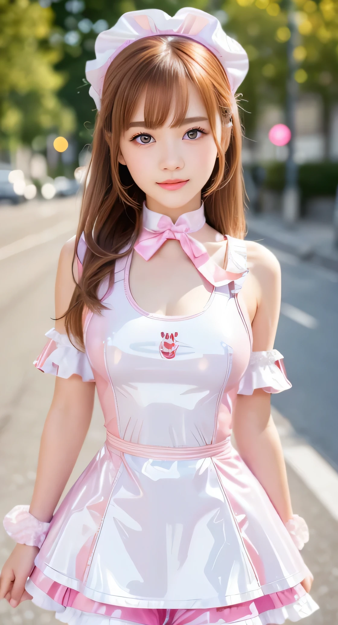 Angelic very beautiful cute young girl,
Beautiful detailed eyes,
Detailed double eyelids,
(Soft Saturation: 1.3),
(Fair skin: 1.3),v-line jaw,
(Large eyes:1.4),
Long straight brown hair,
see-through bangs,(15 yo:1.3),
Sharp Focus,
beautiful detailed face and eyes,
drooping eyes,
small straight nose,
small mouth,
happy smiling with visible teeth, 85mm lens, F/8.0,BREAK (Super shiny white and pink latex maid costume :1.3),Walking,Brown hair ,(Costumes with strong reflective surfaces:1.3),
(Best Quality:1.2),(Maid latex costume:1.5),
Raw photo,
High resolution,
perfect detail,
Professional Photography,
Professional Lighting,
Powerful lighting of the costume,In the street