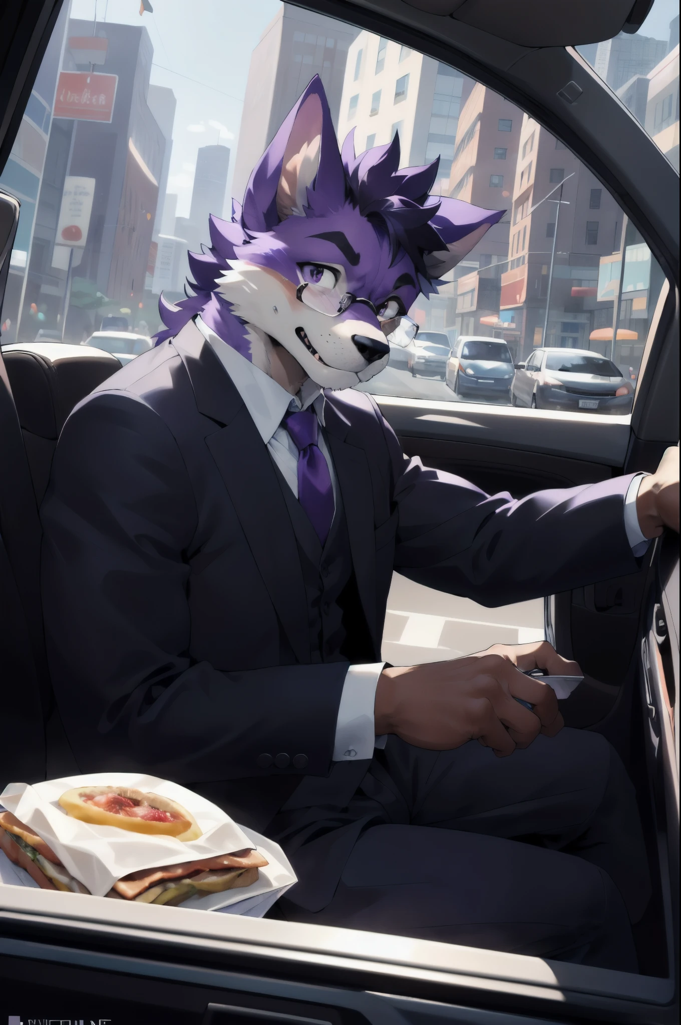 best hands,wide Shot,best quality,from below,(masterpiece,ultra detailed 8k art,cowboy Shot),fisheye lens,from the front,(anthro:1.5),looking away,1 purple furry male, purple furry hand,Fluffy, (Focus on the purple male dog),close-up face,Inside the car,Late 30s male anthropomorphic dog BREAK
look out the window,Wear glasses,holding a sandwich in one hand, dressed in a business suit,navigating traffic in a white car during his morning commute , troubled eyebrows, closed mouth, (many cars outside the window) BREAK
Frustration sets in as he's caught in a traffic jam, trying to stay composed while steering from the driver's seat,
A comedic scenario takes place as the hurried male driver munches on a breakfast sandwich while steering through the traffic snarl, deftly navigating the morning rush.