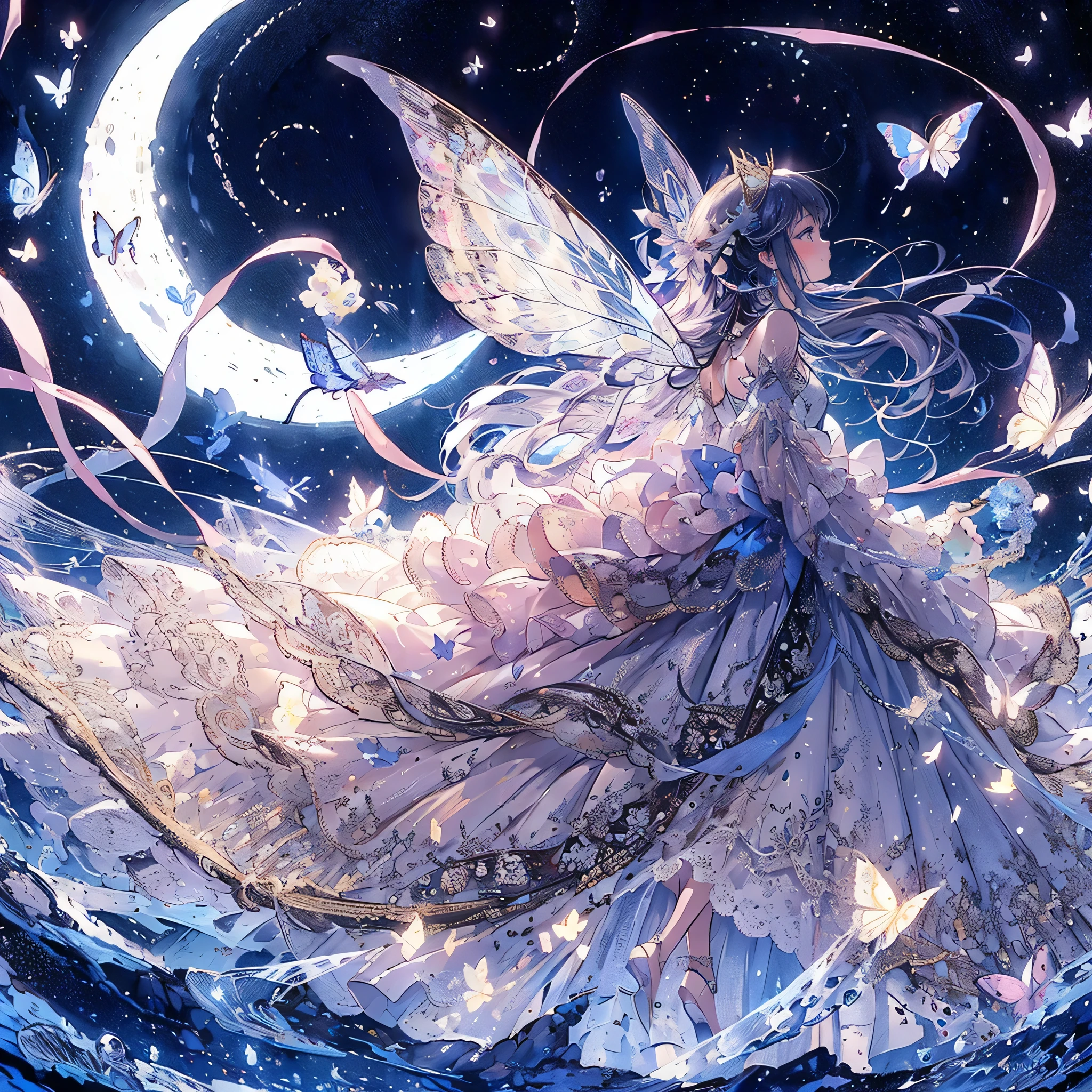 (exquisite, beautiful, very detailed, masterpiece, high quality,High resolution),(body whole,from a little far away,from head to toe),(design art,Soft thin lines:1.2, beautiful and delicate face,Transparent illustration),(fairy princess,Has butterfly-like fairy wings),Under the night sky, a fairy holds a star,(幼いfairy princess,Has butterfly-like fairy wings), ((Moon-inspired ball gown dress,dress,pastel colour,Fairy wings from the back)),(night,full moon,moonlight,shooting star,meteor,starry sky), ((fun,smile)), (medium hair:1.5), (small star tiara,earrings,beautiful choker,Gold ankles),(deep pink cheeks,plump pink lips,big bust,Fair skin, good style), (pastel colour,bright atmosphere,colorful,highly saturated,fantasy),
