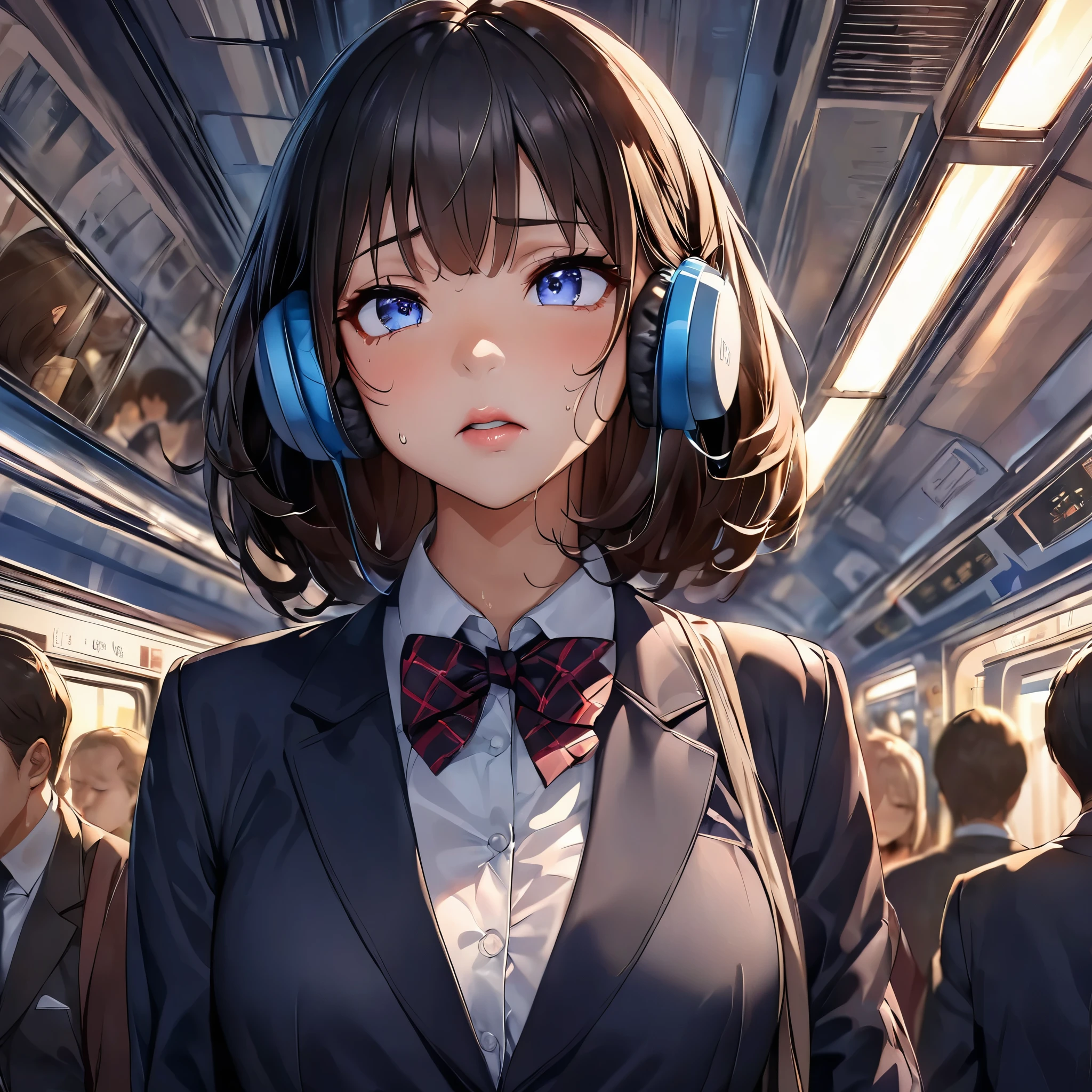 (Highest image quality、4K、8K、High resolution、masterpiece:1.2)、Ultra high definition、crowded train、(Blazer appearance、beautiful eyes、beautiful lips、extremely detailed eyes and face、long eyelashes)、unpleasant、congestion、cramped空間、anxious look、Desperate to get off the train、Feeling of pressure、unpleasant感、Sweat、stressful atmosphere、overwhelming number of people、cramped、stacking luggage、tired face、Commuters looking tired、Hasty movement、struggling to maintain balance、A chatty and lively background、Distant train announcement、手のひらにSweatをかく、flickering fluorescent lights、blurry scenery outside the window、Push or pull quickly、cling to the handrail、Pushing each other、An impatient sigh or an irritated murmur、Stifling heat and lack of fresh air、Muffled headphones that play music to escape reality、香水とSweatの微妙な匂い、Various emotions reflected on each person's face、crowded trainの描写、portrait、congestionした都市環境、Evening rush hour。