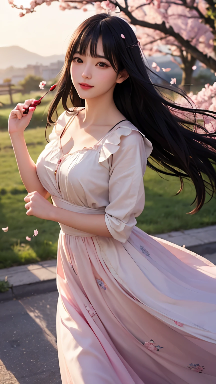 (logo、masterpiece、8K、table top、Raw photo、wonderful、最high quality、Photorealistic and very detailed CG integrated 8k wallpaper、high quality、very detailed、narrative poem、particle effects、dynamic effects、Depth of the bounds written、cinematic light、Lens flare、ray tracing)、fantasy、 (1 beautiful woman、dress、dress、cherry blossom pattern、black haired、beautiful face、real face、beautiful details eyes beautiful skin)、My hair dances in the wind、Hair flutters in Wind、hair bounces、pink cherry tree、petals dance、SakuraFubuki、Spectacular view、sunrise、sun on background、Wind、