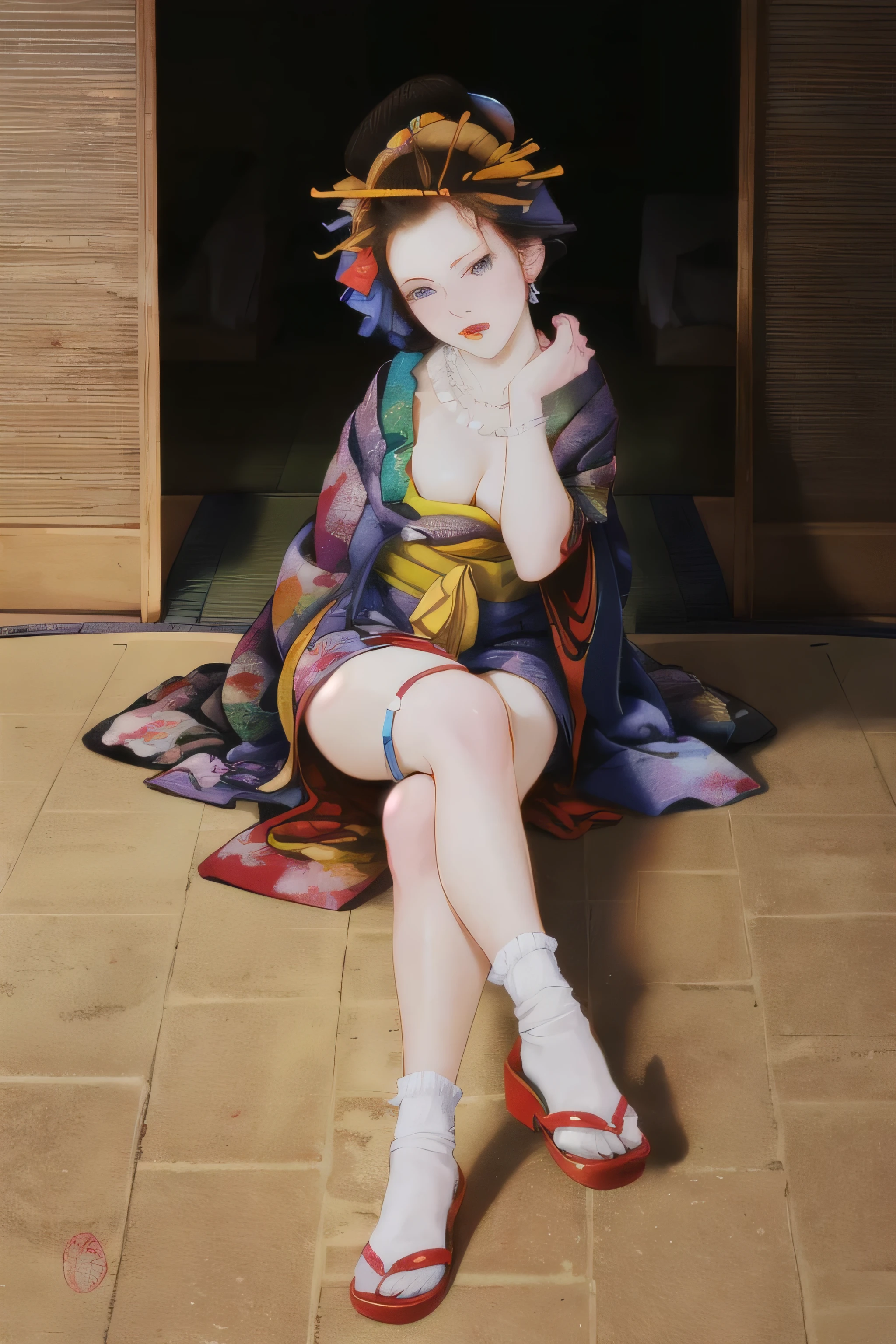 1 girl, alone, looking at the viewer, blue eyes, black hair, hair ornaments, Upper body, kimono, kimono, sash, compensate, lipstick, red nails, red lips, Hairpin,silk stockings ,See-through hakama， dark purple eyes，Navy blue kimono on black background　,sheer lingerie,enamel high heels,pearl necklace,,straight,lace long gloves, shortcut,　hair ornaments,　Japanese style room　，crossed legs，white tabi socks,　shiny black stockings
 