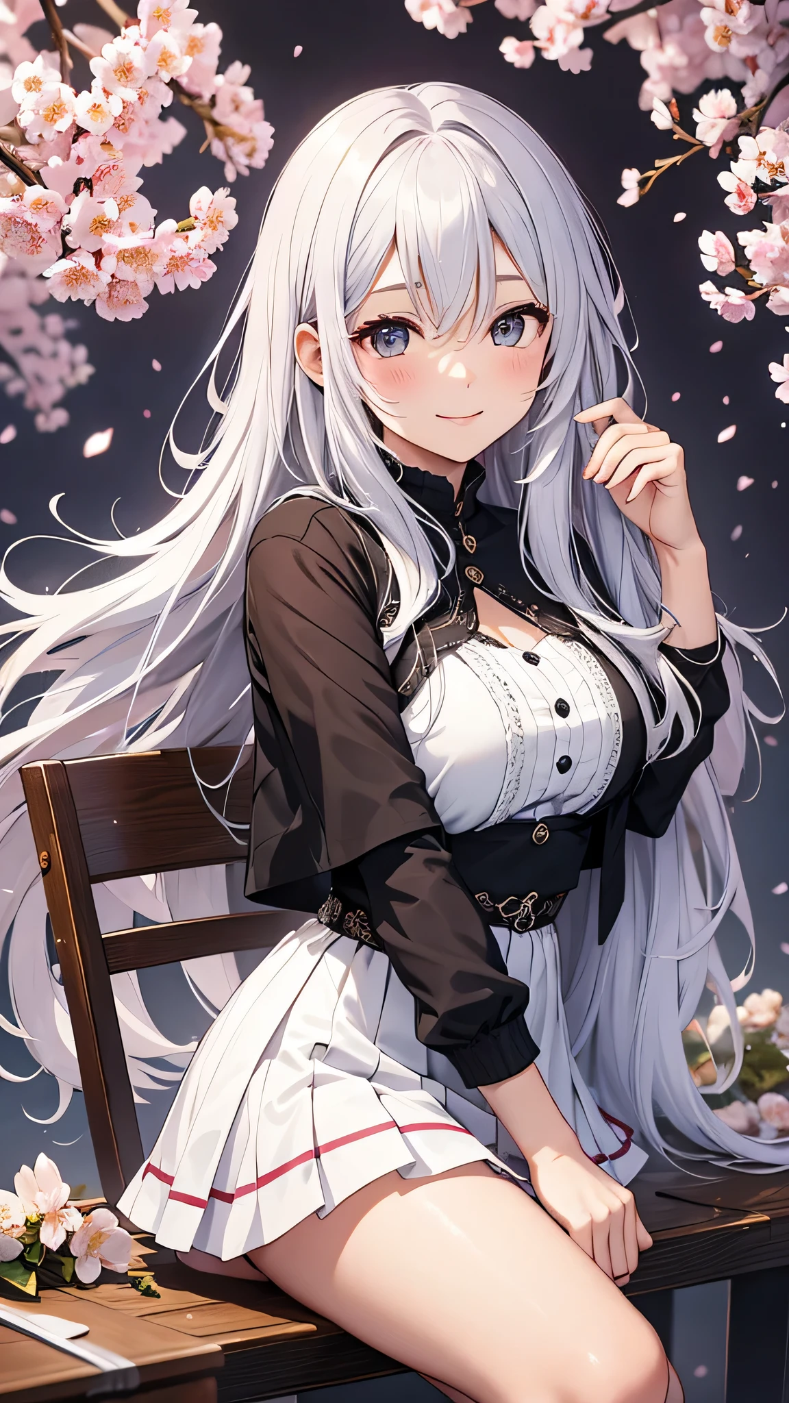 最high quality、best image quality、masterpiece、girl((18-year-old、 By becoming、vest bust、medium bust,wide open breast tea、shining eyes, silver hair、long hair、thin,highest valley、white see-through dress、White short skirt、Wristband、smile、Leaning forward)),high quality、beautiful art、background((SakuraFubuki、Falling cherry blossoms、Cherry tree、beautiful park、square、Cherry Meadow、Wind、wood table、wood chair、black tea))、Flight、debris flies、Depth of written boundary、movie、visual art、perfect art、8K,genuine、