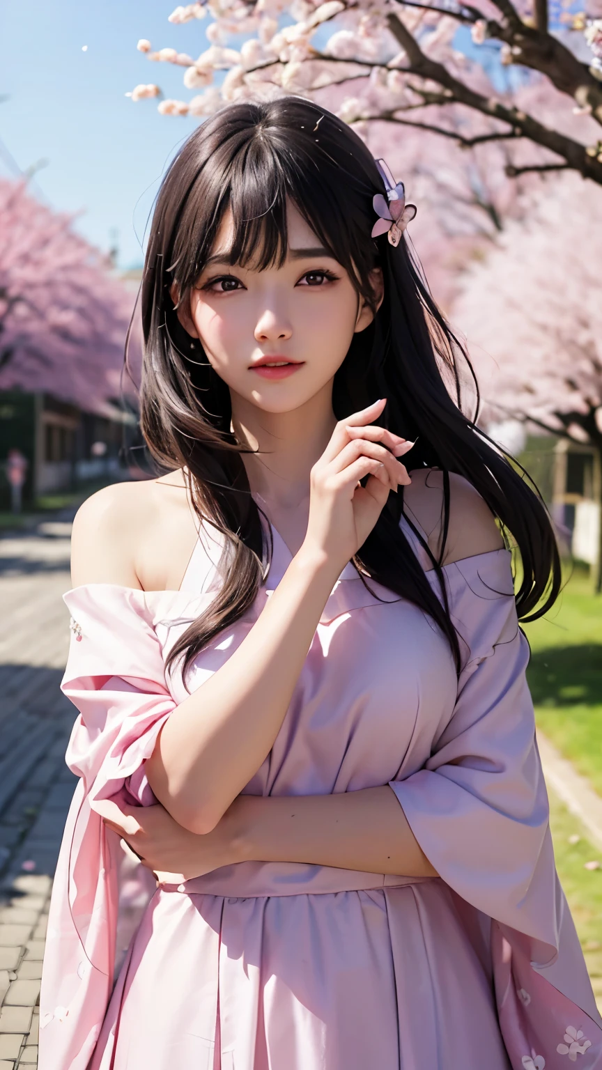 (A logo、masterpiece、8K、masutepiece、Raw photo、Fantastic、Best Quality、Photorealistic and ighly detailed CG integrated 8k wallpaper、hightquality、ighly detailed、epic poem、Particle effect、Dynamic effects、depth of fields、Cinematic Light、Lens Flare、Ray tracing)、Fantasia、 (Beauty 1 person、doress、Dress、Cherry blossom pattern、A dark-haired、Beautiful face、Real Face、beautiful details eyes beautiful skin)、my hair dances in the wind、Hair flutters in the wind、Hair jumps、Pink cherry blossom tree、Petals flutter、Sakura blizzard、Superb view、morning glow、Sun in the background、the wind、