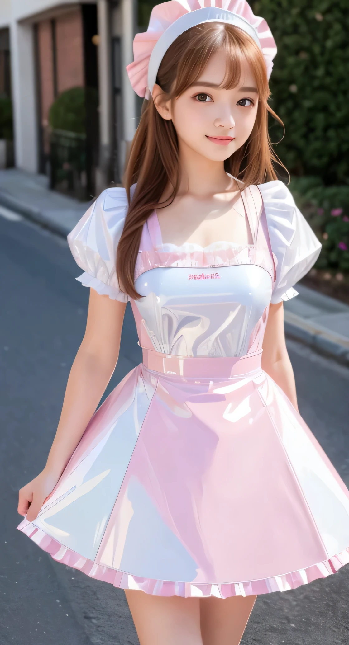 Angelic very beautiful cute young girl,
Beautiful detailed eyes,
Detailed double eyelids,
(Soft Saturation: 1.3),
(Fair skin: 1.3),v-line jaw,
(Large eyes:1.4),
Long straight brown hair,
see-through bangs,(15 yo:1.3),
Sharp Focus,
beautiful detailed face and eyes,
drooping eyes,
small straight nose,
small mouth,
happy smiling with visible teeth, 85mm lens, F/8.0,BREAK (Super shiny white and pink latex maid costume :1.3),Walking,Brown hair ,(Costumes with strong reflective surfaces:1.3),
(Best Quality:1.2),(Maid latex costume:1.5),
Raw photo,
High resolution,
perfect detail,
Professional Photography,
Professional Lighting,
Powerful lighting of the costume,In the street