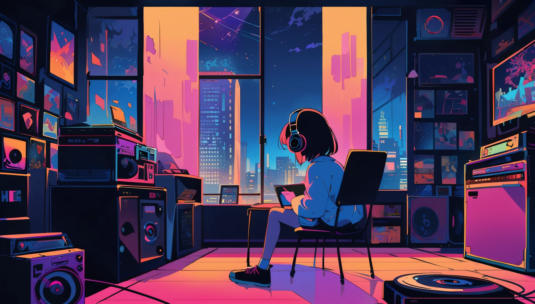 Photo of a girl listening to music on headphones, Text Why You?, Super detailed, retro waves, cyber punk, sad atmosphere, night light shining through the window, Jamaican flag visible from the window, atmosphere of the night, one bedroom, 2D, (long shot), wide shot, (film noise), old comics, (many records: 1.3), vinyl record store, (masterpiece, very high quality, very high quality, official art, beautiful and aesthetic: 1.2), (very detailed, (fractal art: 1.4 ), guitar, (Note: 1.4), (lo fi hip hop), Side view, old anime texture, alone, speaker, cyber punk, vinyl, night 80s、city pop、Japanese anime、A girl is listening to music on headphones with a cup of coffee by the window、The room is stylish、It&#39;s night outside、Tokyo night view、Images that match lofi music