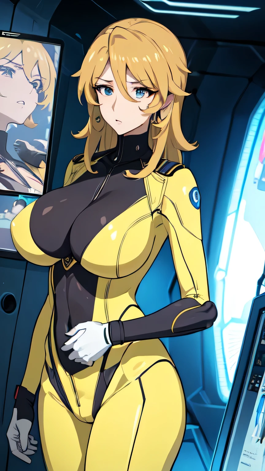 Milf, woman in a futuristic suit, highly detailed face, cool, mom, tomboy, very large breast, (Milf), mature face, (mature female), cybersuit, anime girl wearing tight suit, milfication, Elegant body, navel focus, naked body, gloves, earrings, science fiction, female protagonist, standing, volumetric light, detailed lighting, detailed textures, oppai cyberpunk, biomechanical oppai, masterpiece, best quality eyes, sci-fi background, futuristic landscape, low angle, chubby, (smooth surface), blonde hair, long blonde hair, (yellow body suit)