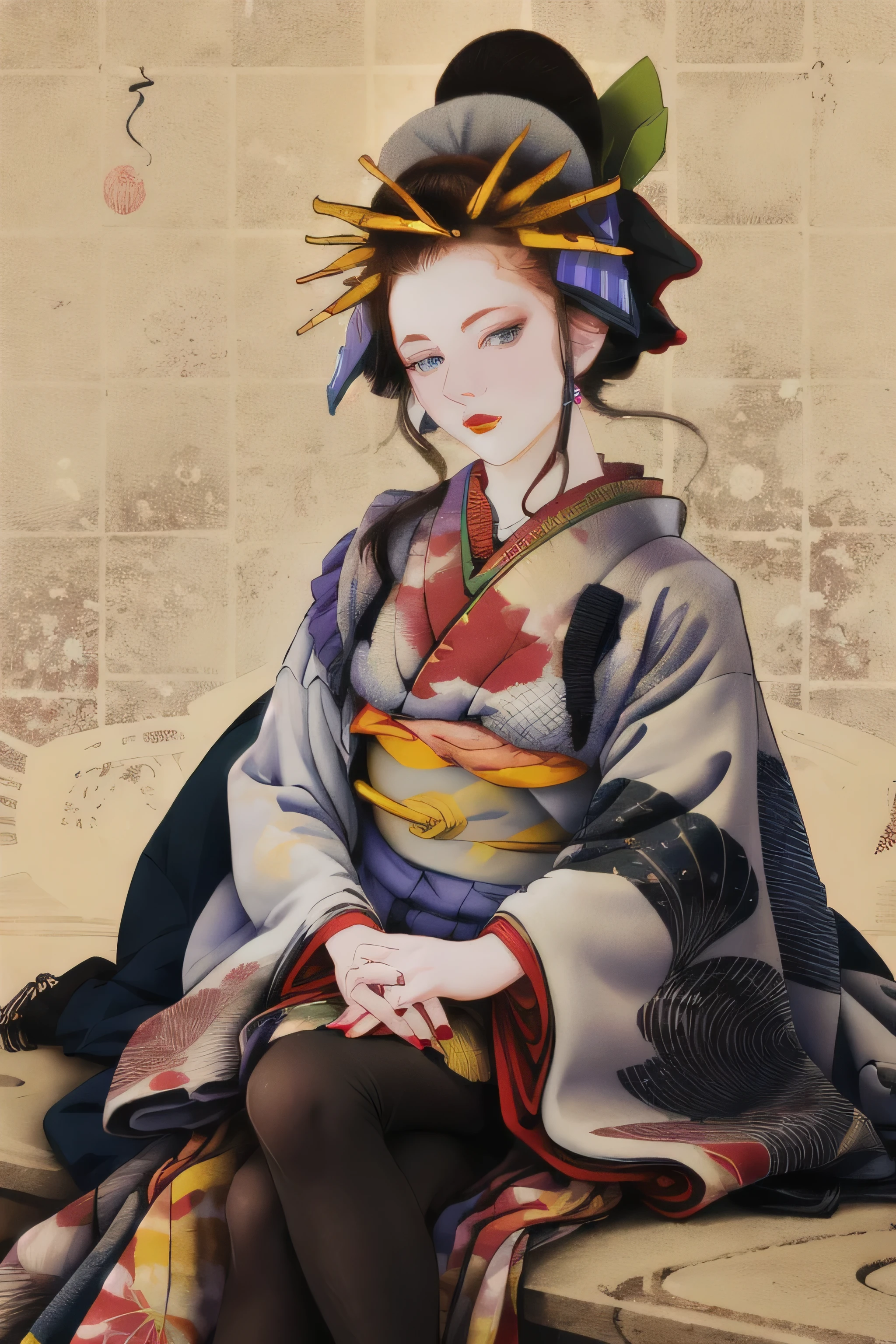 1 girl, alone, looking at the viewer, blue eyes, black hair, hair ornaments, Upper body, kimono, kimono, sash, compensate, lipstick, red nails, red lips, Hairpin,silk stockings ,See-through hakama, dark purple eyes,Navy blue kimono on black background ,sheer lingerie,enamel high heels,pearl necklace,,straight,lace long gloves, shortcut, hair ornaments, Japanese style room ,crossed legs,white tabi socks, shiny black stockings
