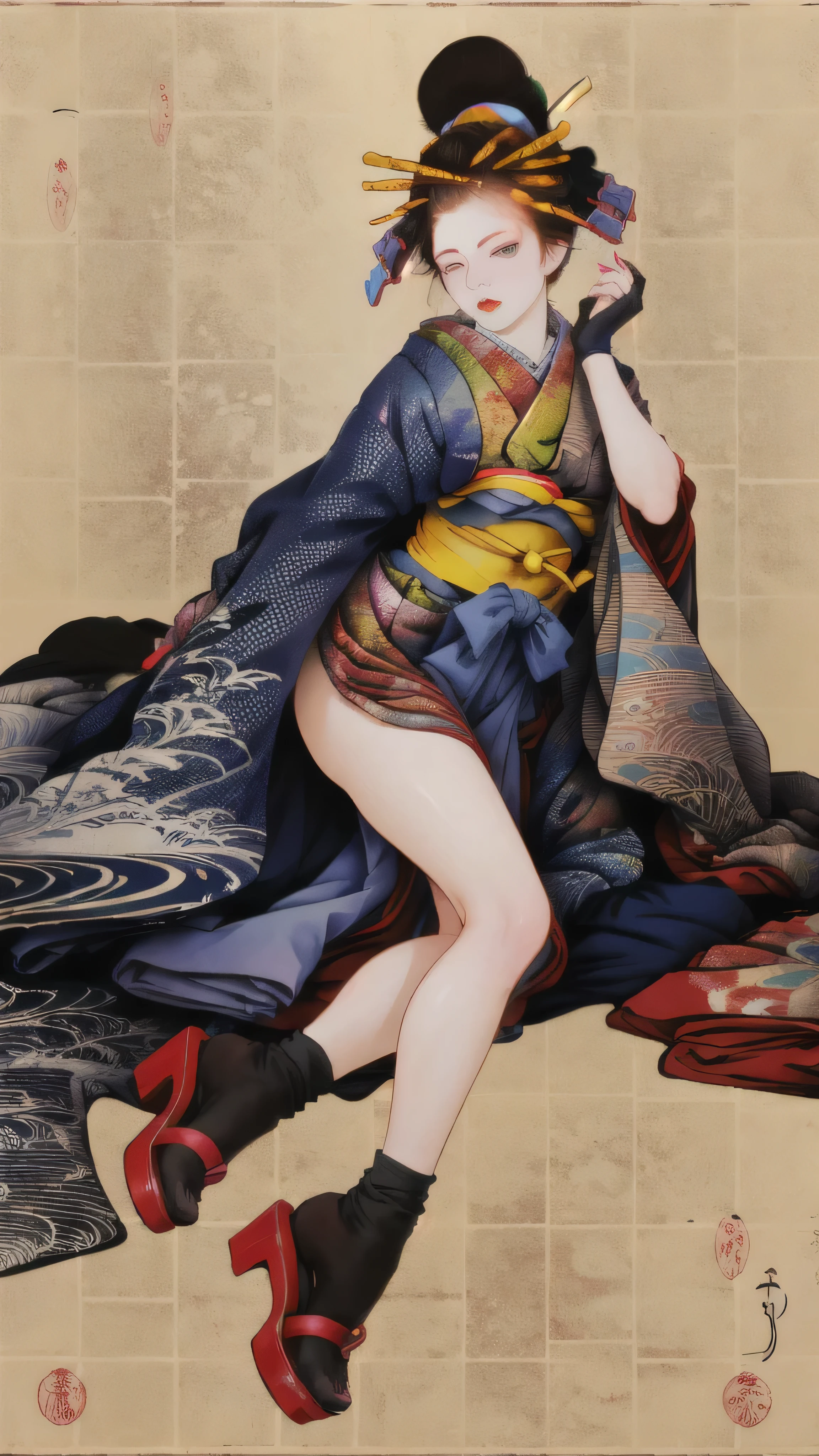 1 girl, alone, looking at the viewer, blue eyes, black hair, hair ornaments, Upper body, kimono, kimono, sash, compensate, lipstick, red nails, red lips, Hairpin,silk stockings ,See-through hakama, dark purple eyes,Navy blue kimono on black background ,sheer lingerie,enamel high heels,pearl necklace,,straight,lace long gloves, shortcut, hair ornaments, Japanese style room ,,white tabi socks, shiny black stockings