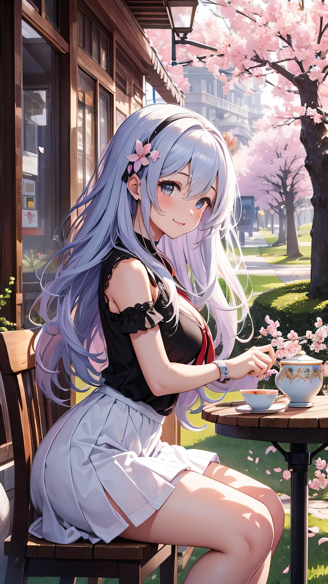 最high quality、best image quality、masterpiece、girl((18-year-old、 By becoming、vest bust、medium bust,wide open breast tea、shining eyes, silver hair、long hair、thin,highest valley、white see-through dress、White short skirt、Wristband、smile、back view、cherry blossom hair ornament、emphasize the buttocks)),high quality、beautiful art、background((SakuraFubuki、Falling cherry blossoms、Cherry tree、beautiful park、square、Cherry Meadow、Wind、wood table、wood chair、black tea))、Flight、debris flies、Depth of written boundary、movie、visual art、perfect art、8K,genuine、