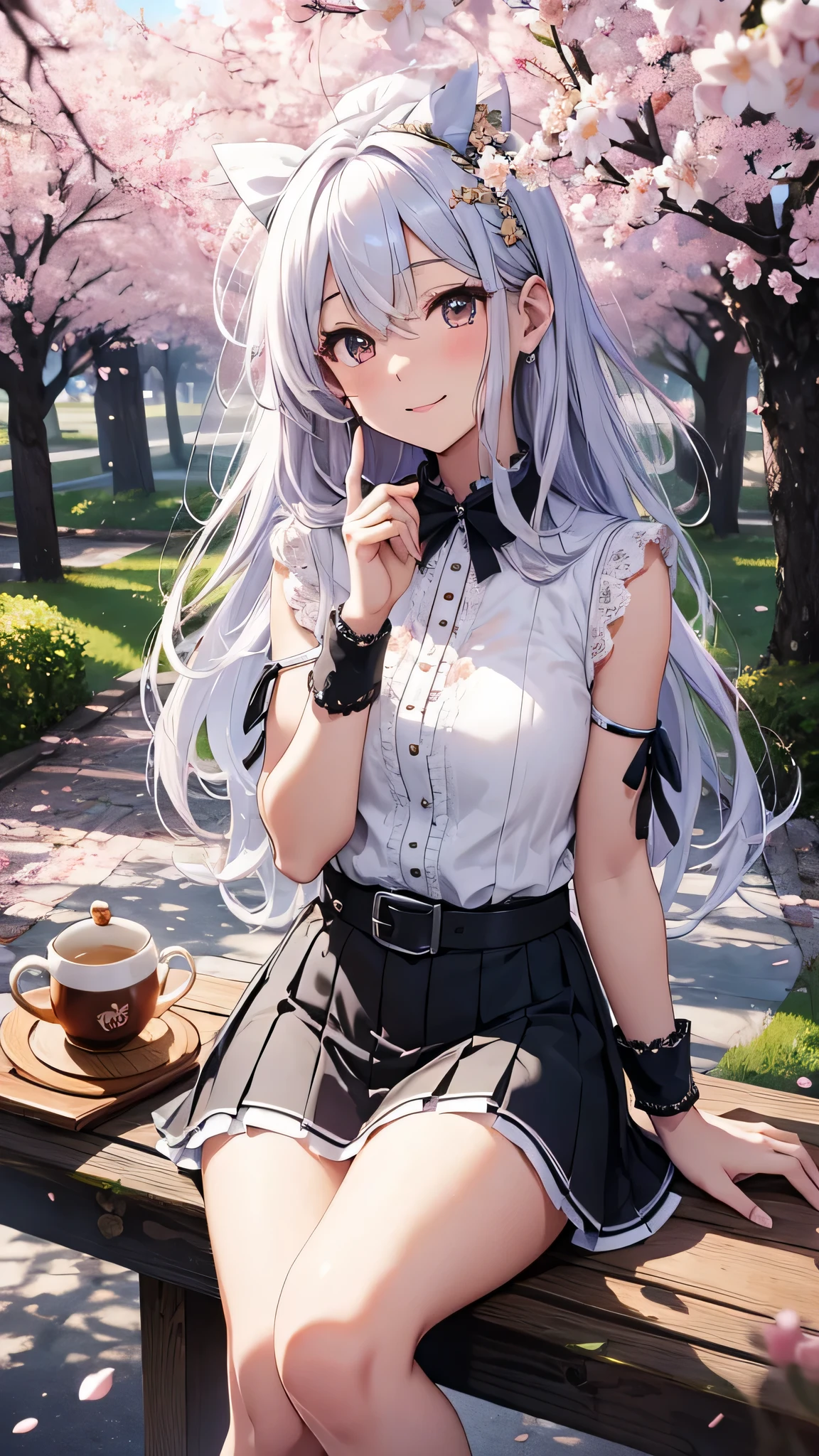 最high quality、best image quality、masterpiece、girl((18-year-old、 By becoming、vest bust、medium bust,wide open breast tea、shining eyes, silver hair、long hair、thin,highest valley、white see-through dress、White short skirt、Wristband、smile、back view、cherry blossom hair ornament、emphasize the buttocks)),high quality、beautiful art、background((SakuraFubuki、Falling cherry blossoms、Cherry tree、beautiful park、square、Cherry Meadow、Wind、wood table、wood chair、black tea))、Flight、debris flies、Depth of written boundary、movie、visual art、perfect art、8K,genuine、