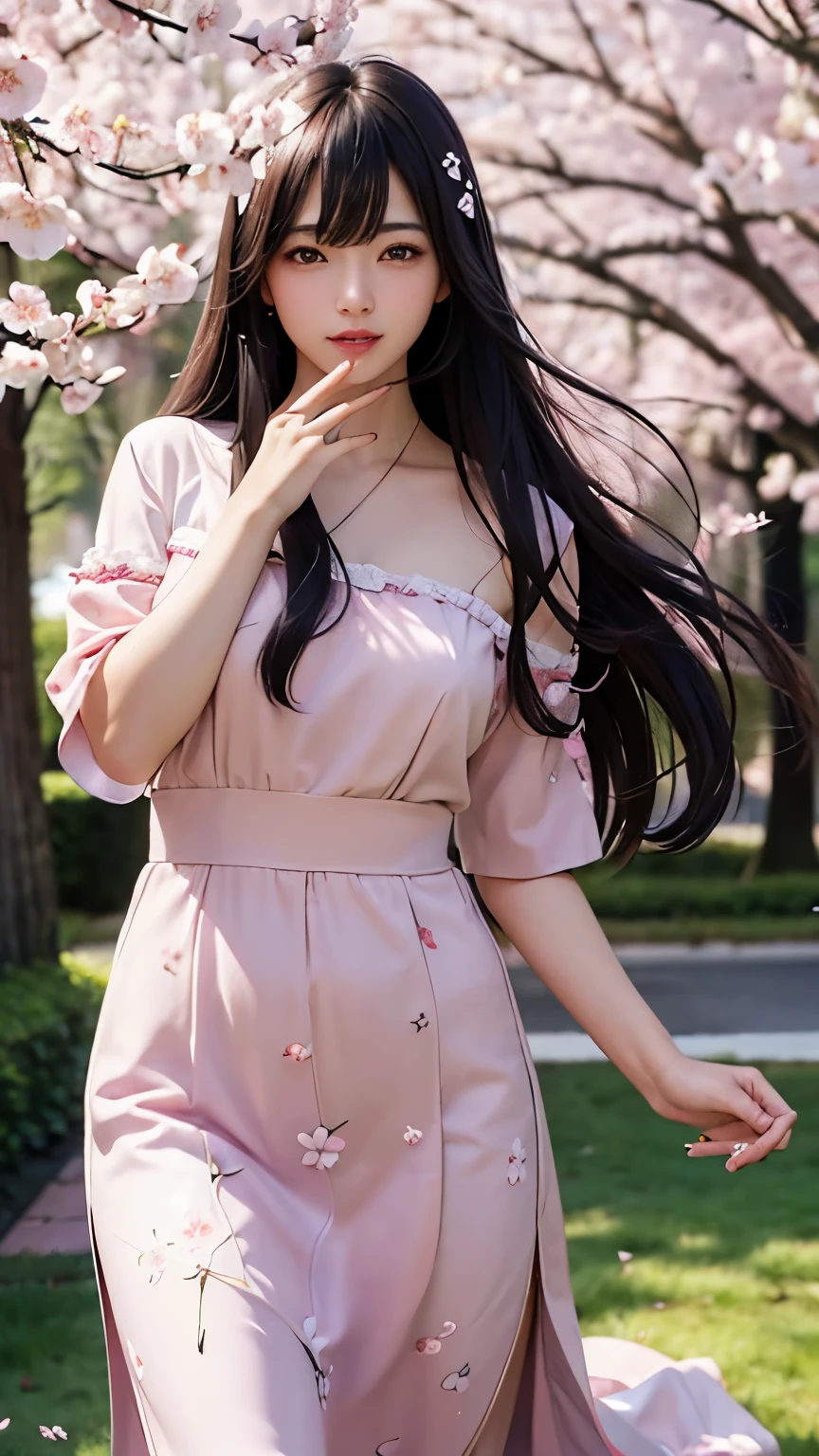(A logo、​masterpiece、8K、masutepiece、Raw photo、Fantastic、Best Quality、Photorealistic and ighly detailed CG integrated 8k wallpaper、hightquality、ighly detailed、epic poem、Particle effect、Dynamic effects、depth of fields、Cinematic Light、Lens Flare、Ray tracing)、Fantasia、 (Beauty 1 person、doress、Dress、Cherry blossom pattern、A dark-haired、Beautiful face、Real Face、beautiful details eyes beautiful skin)、my hair dances in the wind、Hair flutters in the wind、Hair jumps、Pink cherry blossom tree、Petals flutter、Sakura blizzard、Superb view、morning glow、Sun in the background、the wind、