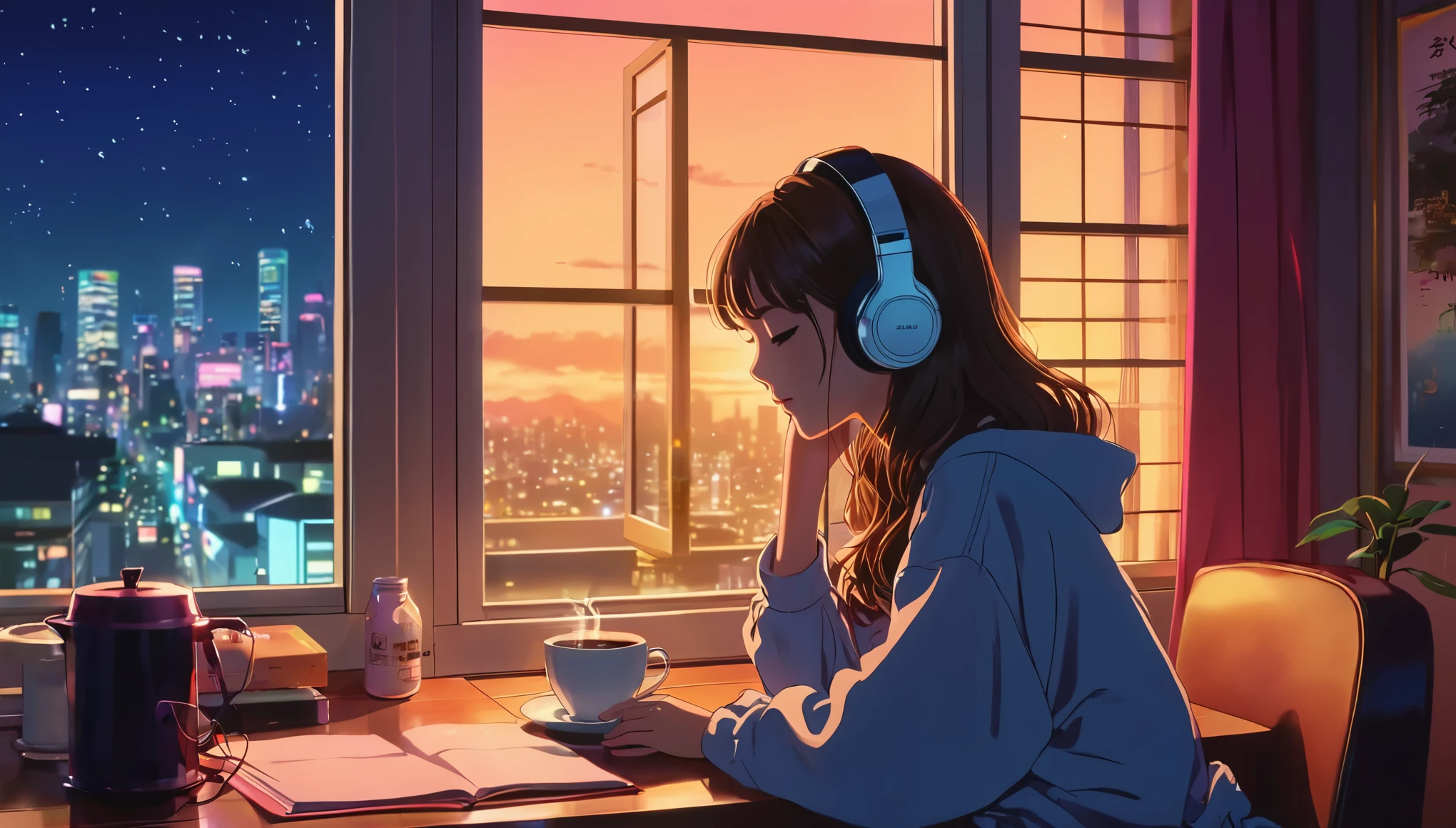 petite　teenage girl 80s、city pop、Japanese anime、A girl is listening to music on headphones with a cup of coffee by the window、The room is stylish、It&#39;s night outside、Tokyo night view、Images that match lofi music