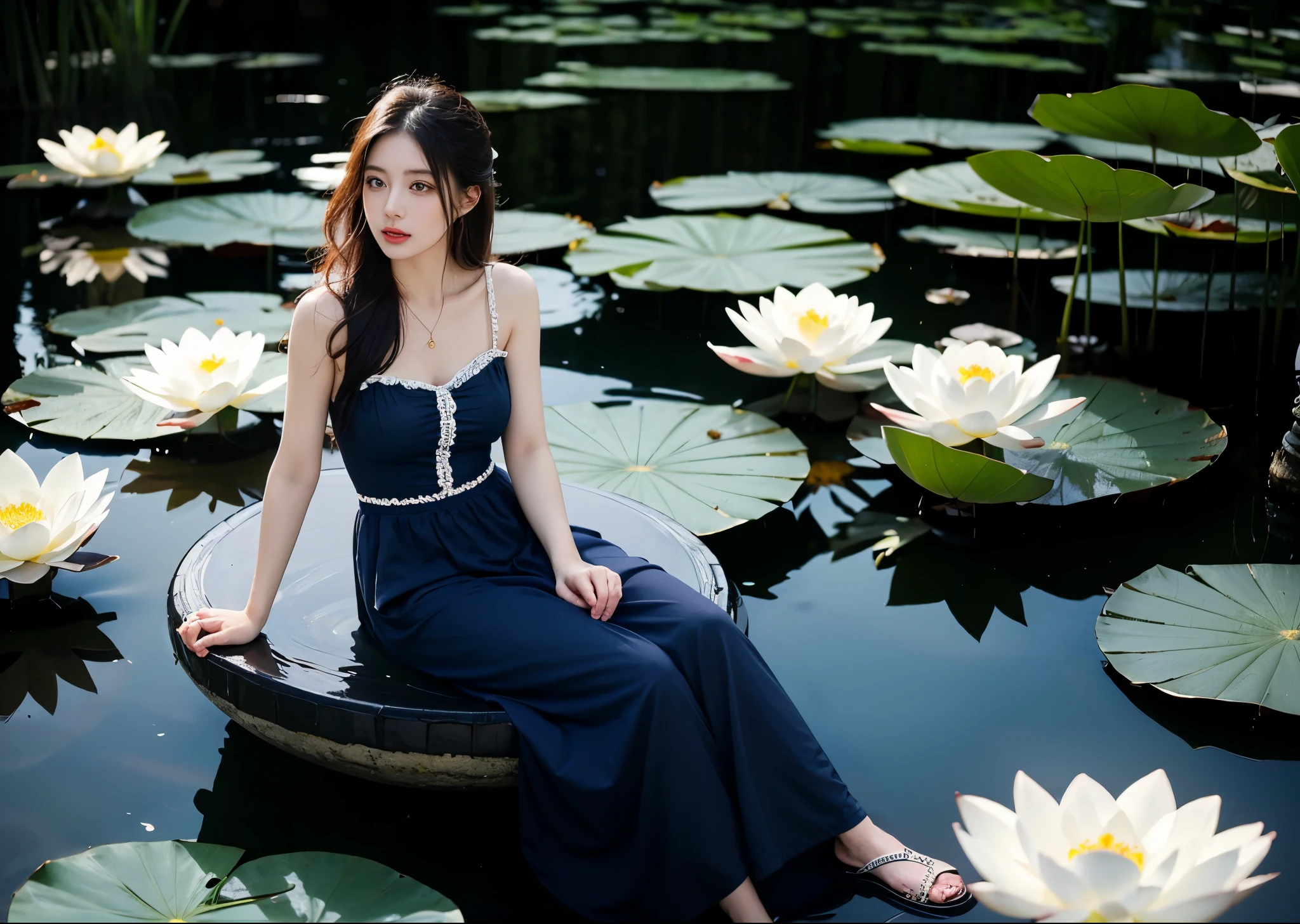 A pretty woman sits on a large lotus leaf floating on a moonlit pond at night、A woman wearing a navy nightdress with white embroidery、some lotuses and lotus flowers、Waterfowl are also swimming、masterpiece、highest quality、Super detailed、official art、(((masterpiece))), (((highest quality))), ((intricate details)), ((surreal))、best lighting