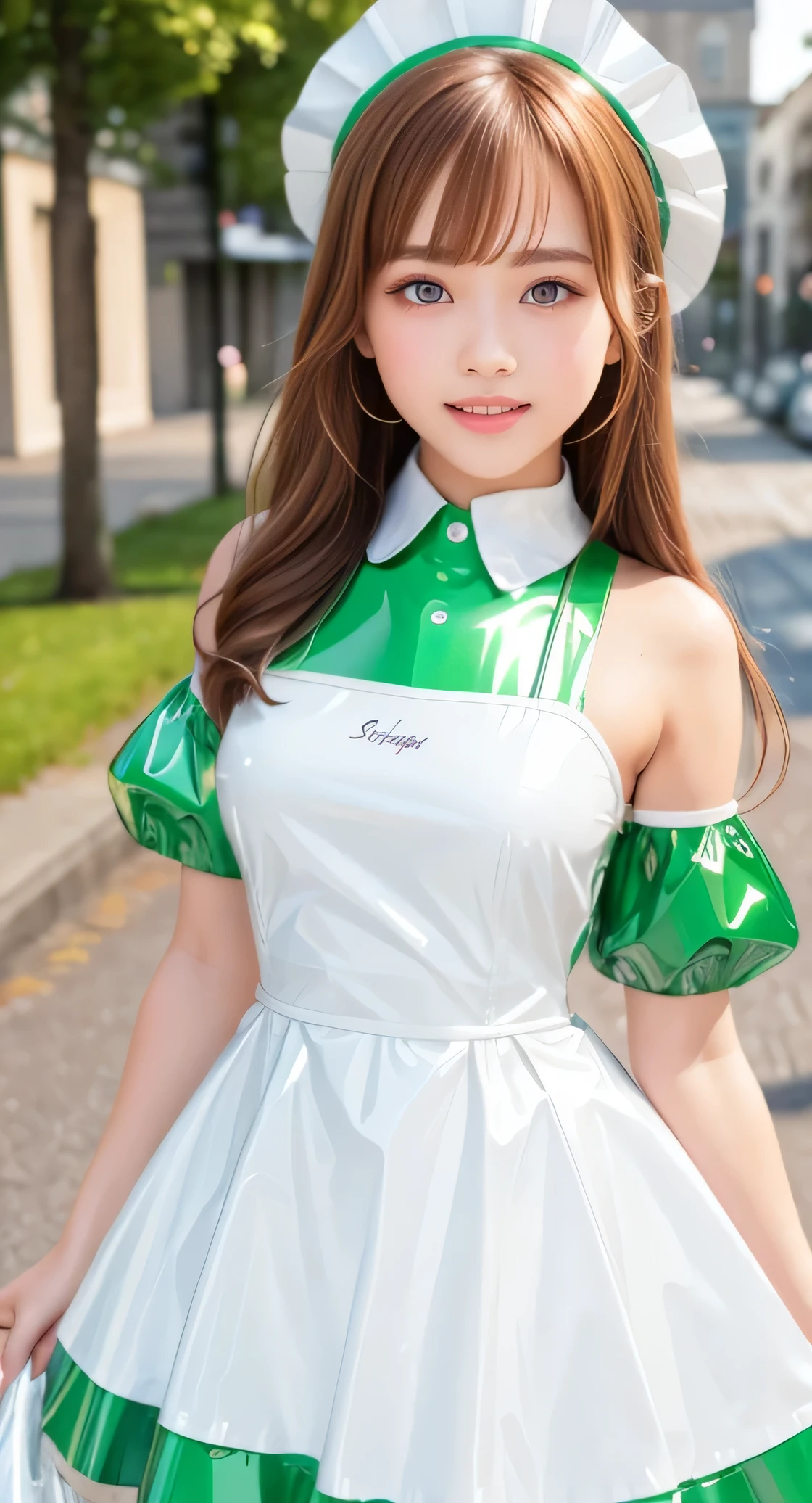 Angelic very beautiful cute young girl,
Beautiful detailed eyes,
Detailed double eyelids,
(Soft Saturation: 1.3),
(Fair skin: 1.3),v-line jaw,
(Large eyes:1.4),
Long straight brown hair,
see-through bangs,(15 yo:1.3),
Sharp Focus,
beautiful detailed face and eyes,
drooping eyes,
small straight nose,
small mouth,
happy smiling with visible teeth, 85mm lens, F/8.0,BREAK (Super shiny white and green latex maid costume :1.3),Walking,Brown hair ,(Costumes with strong reflective surfaces:1.3),
(Best Quality:1.2),(Maid latex costume:1.5),
Raw photo,
High resolution,
perfect detail,
Professional Photography,
Professional Lighting,
Powerful lighting of the costume,In the street