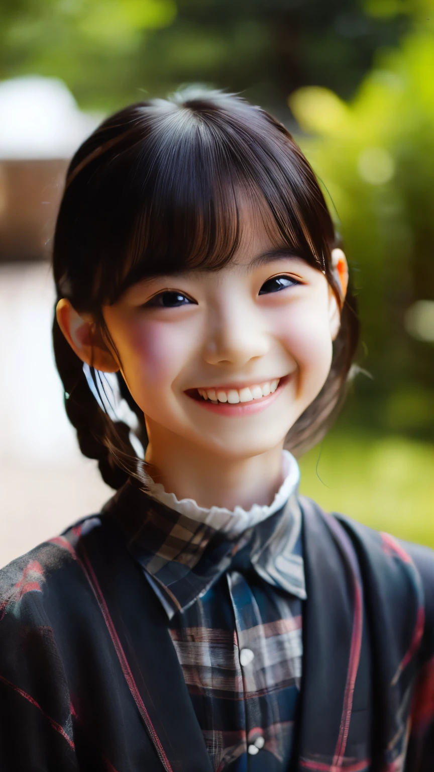 Best image quality, Focus, Soft light, Black hair, (Japanese)), (((Front, 15years old))), (Depth of field), Ultra high resolution, (Real: 1.4), RAW photo, ((maid costume)), smiling face