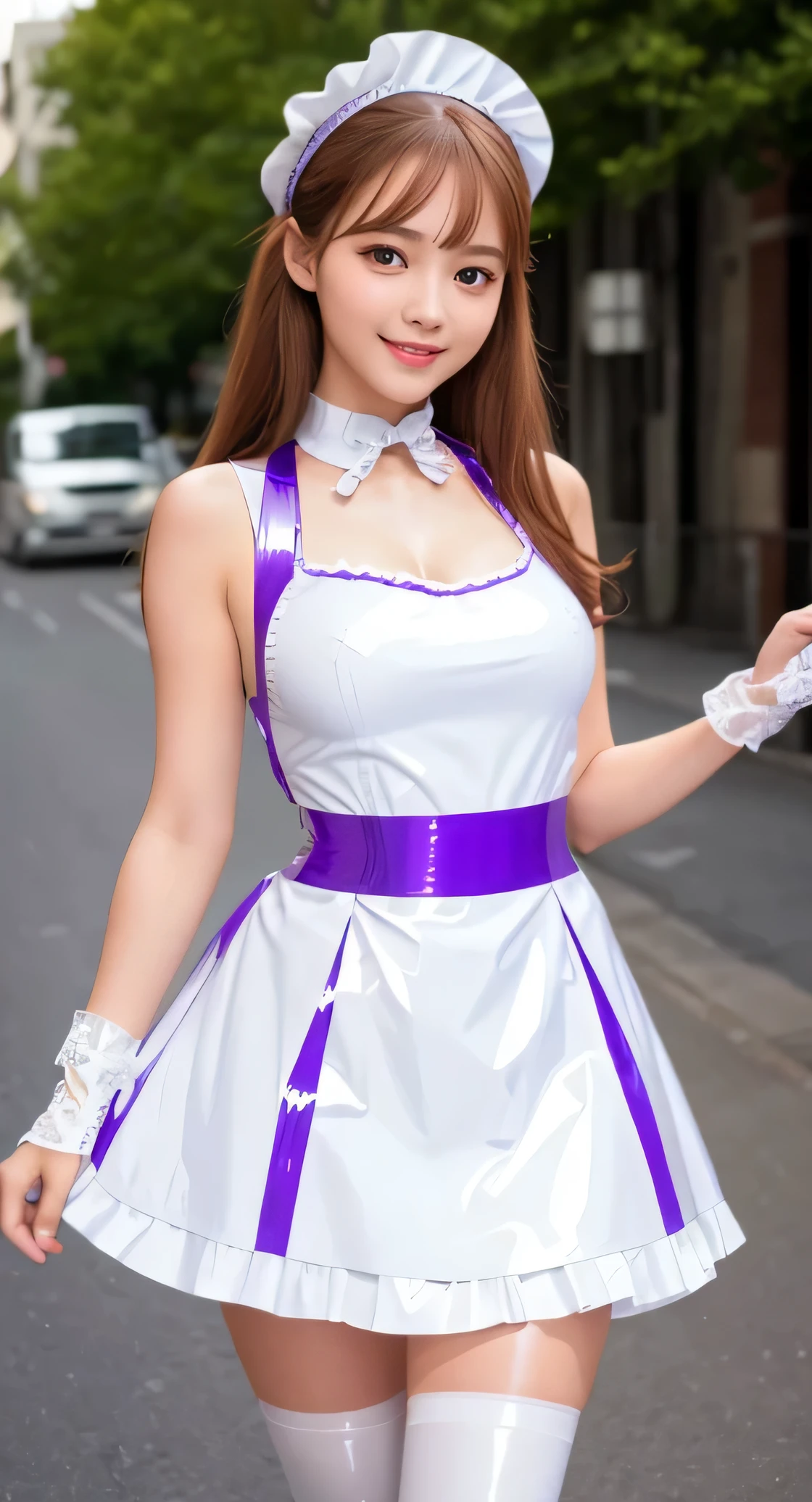 Angelic very beautiful cute young girl,
Beautiful detailed eyes,
Detailed double eyelids,
(Soft Saturation: 1.3),
(Fair skin: 1.3),v-line jaw,
(Large eyes:1.4),
Long straight brown hair,
see-through bangs,(15 yo:1.3),
Sharp Focus,
beautiful detailed face and eyes,
drooping eyes,
small straight nose,
small mouth,
happy smiling with visible teeth, 85mm lens, F/8.0,BREAK (Super shiny white and purple latex maid costume :1.3),Walking,Brown hair ,(Costumes with strong reflective surfaces:1.3),
(Best Quality:1.2),(Maid latex costume:1.5),
Raw photo,
High resolution,
perfect detail,
Professional Photography,
Professional Lighting,
Powerful lighting of the costume,In the street