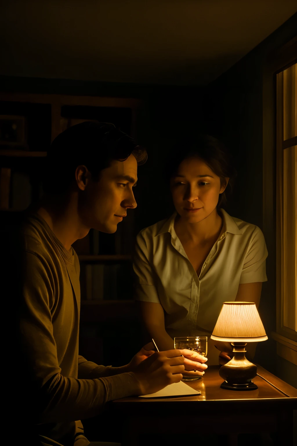 The setting is a dimly lit room, where two individuals engage in a conversation. The host's face reflects a subtle melancholy, subtly imbuing the exchange with a somber undertone. Soft, diffused lighting bathes the figures, casting a gentle glow that fosters an atmosphere of intimacy and introspection. In this evocative tableau, the host's countenance becomes a mesmerizing study in chiaroscuro, as the interplay of light and shadow dance across their features, revealing the complexity of their emotional landscape. The skillful manipulation of light and shadow adds a profound depth to the scene, inviting the viewer to delve into the host's hidden depths of emotion and to ponder the nuanced layers of the unfolding conversation. GPT-