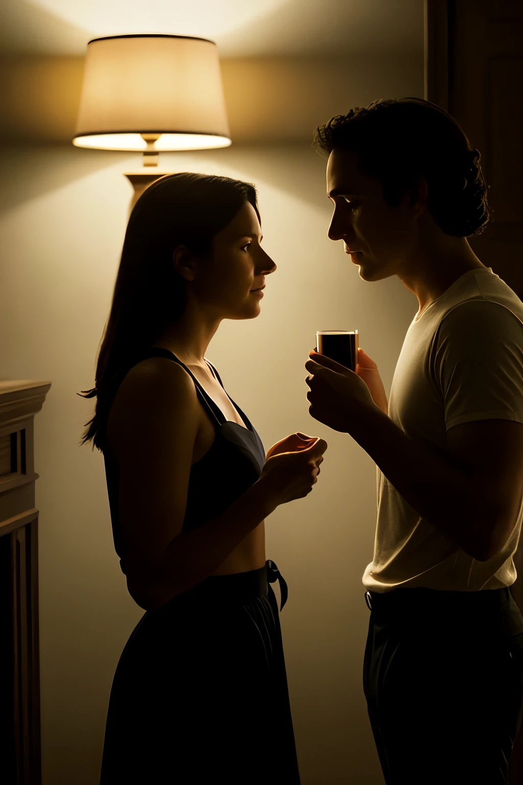 The setting is a dimly lit room, where two individuals engage in a conversation. The host's face reflects a subtle melancholy, subtly imbuing the exchange with a somber undertone. Soft, diffused lighting bathes the figures, casting a gentle glow that fosters an atmosphere of intimacy and introspection. In this evocative tableau, the host's countenance becomes a mesmerizing study in chiaroscuro, as the interplay of light and shadow dance across their features, revealing the complexity of their emotional landscape. The skillful manipulation of light and shadow adds a profound depth to the scene, inviting the viewer to delve into the host's hidden depths of emotion and to ponder the nuanced layers of the unfolding conversation. GPT-