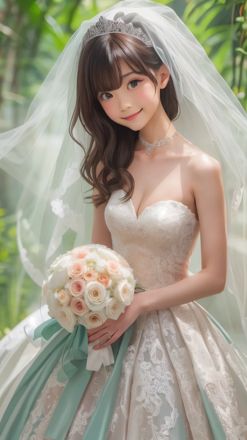 wedding dress , master piece , best quality , detailed , bangs , woman , smile