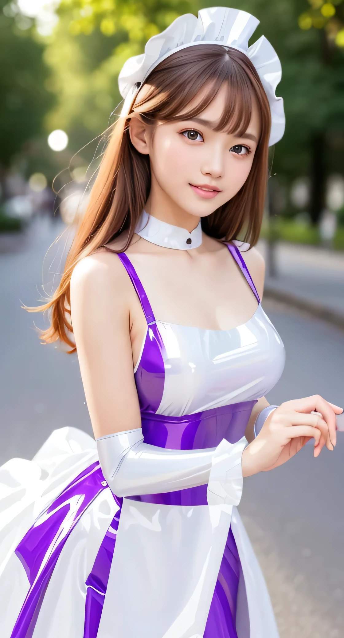Angelic very beautiful cute young girl,
Beautiful detailed eyes,
Detailed double eyelids,
(Soft Saturation: 1.3),
(Fair skin: 1.3),v-line jaw,
(Large eyes:1.4),
Long straight brown hair,
see-through bangs,(15 yo:1.3),
Sharp Focus,
beautiful detailed face and eyes,
drooping eyes,
small straight nose,
small mouth,
happy smiling with visible teeth, 85mm lens, F/8.0,BREAK (Super shiny white and purple latex maid costume :1.3),Walking,Brown hair ,(Costumes with strong reflective surfaces:1.3),
(Best Quality:1.2),(Maid latex costume:1.5),
Raw photo,
High resolution,
perfect detail,
Professional Photography,
Professional Lighting,
Powerful lighting of the costume,In the street