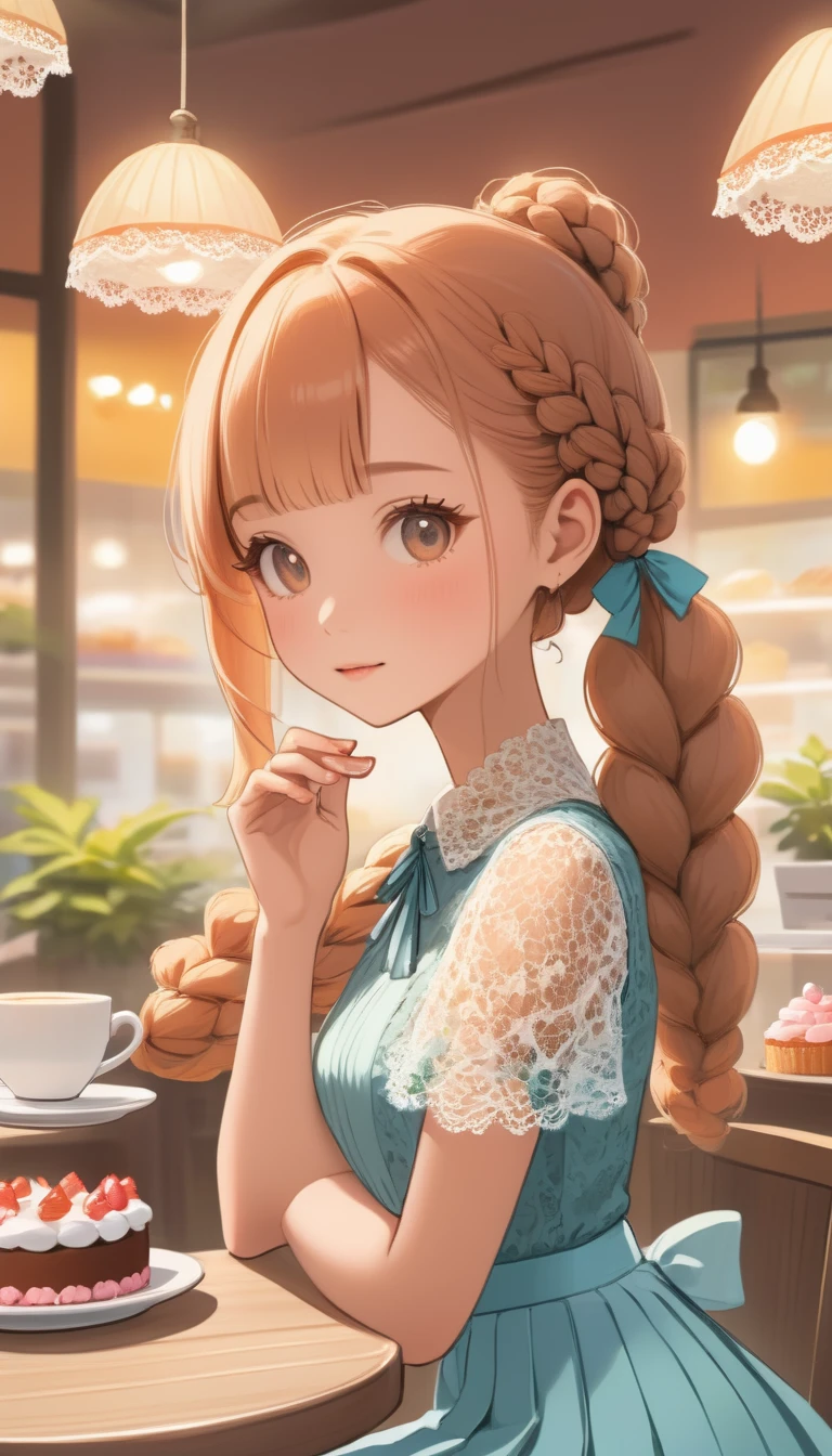 highest quality、High resolution、detailed background、beautiful face、beautiful and smooth skin、skin texture、cute teenage girl、realistic、perfect body line、braided ponytail、cute hairstyle、Calm atmosphere、happy look、Upper body、Tea time at the cafe、(Enjoy cakes and sweets while chatting at a cute cafe:1.5)、Choose white or pastel colors for lace tops and flared skirts..、sandals or heels、If lace tops are transparent, You can wear it elegantly by layering it with an inner camisole...、Choose a lace blouse in a soft color and add feminine movement with a pleated skirt.Adding lace to the sleeves and collar of the blouse makes it even more cute.、Choose a colorful lace camisole、Add elegance with a midi skirt。、cute、master piece:1.5、