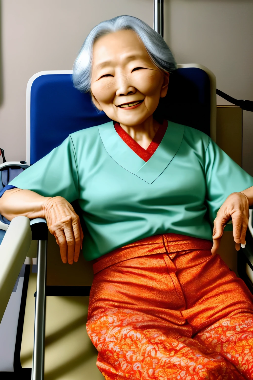 A Korean grandmother in her 80s smiling while lying in a hospital bed