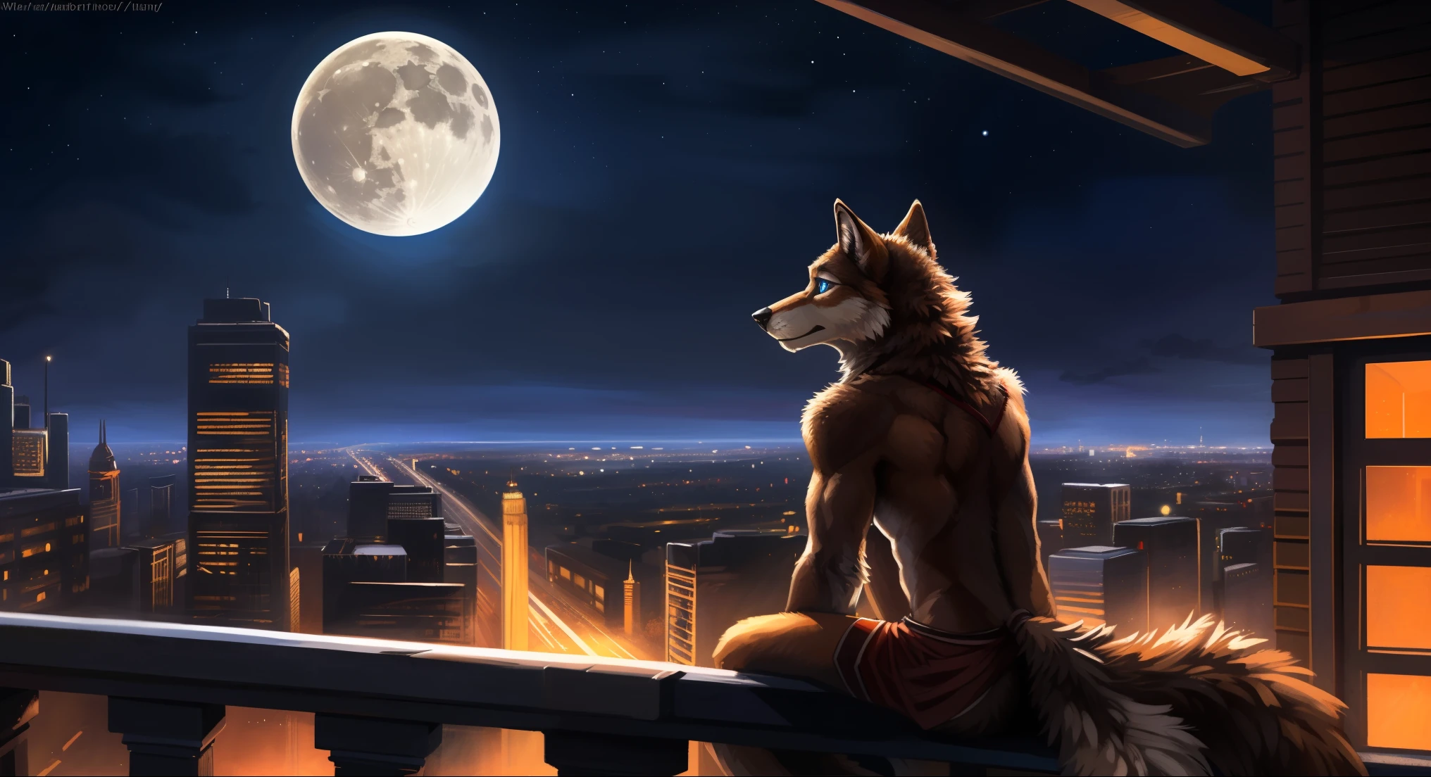 ((Solo)), male people, anthro wolf, (Multi-colored fur, White-brown:1.3), ((Wolf face, Big eyes, White eyelids, Blue pupil, Slim:1.2) (Tough, Calm expression:1.2)), (Height 2.1 meters,Tail length 1.5m), Abs, Slim, pinging, (Correct anatomy), (Contour bone:1.2), The upper body is naked, (detailed outfits), a long large tail，Feet，(Realistic fur, Detailed fur texture, labeled:1.3)), (Natural lighting), Photorealistic, Hyperrealistic, ultradetailed, by Kenket，In the modern city，Roof，the night，Sit alone，Look at the full moon，It was dark，Starry