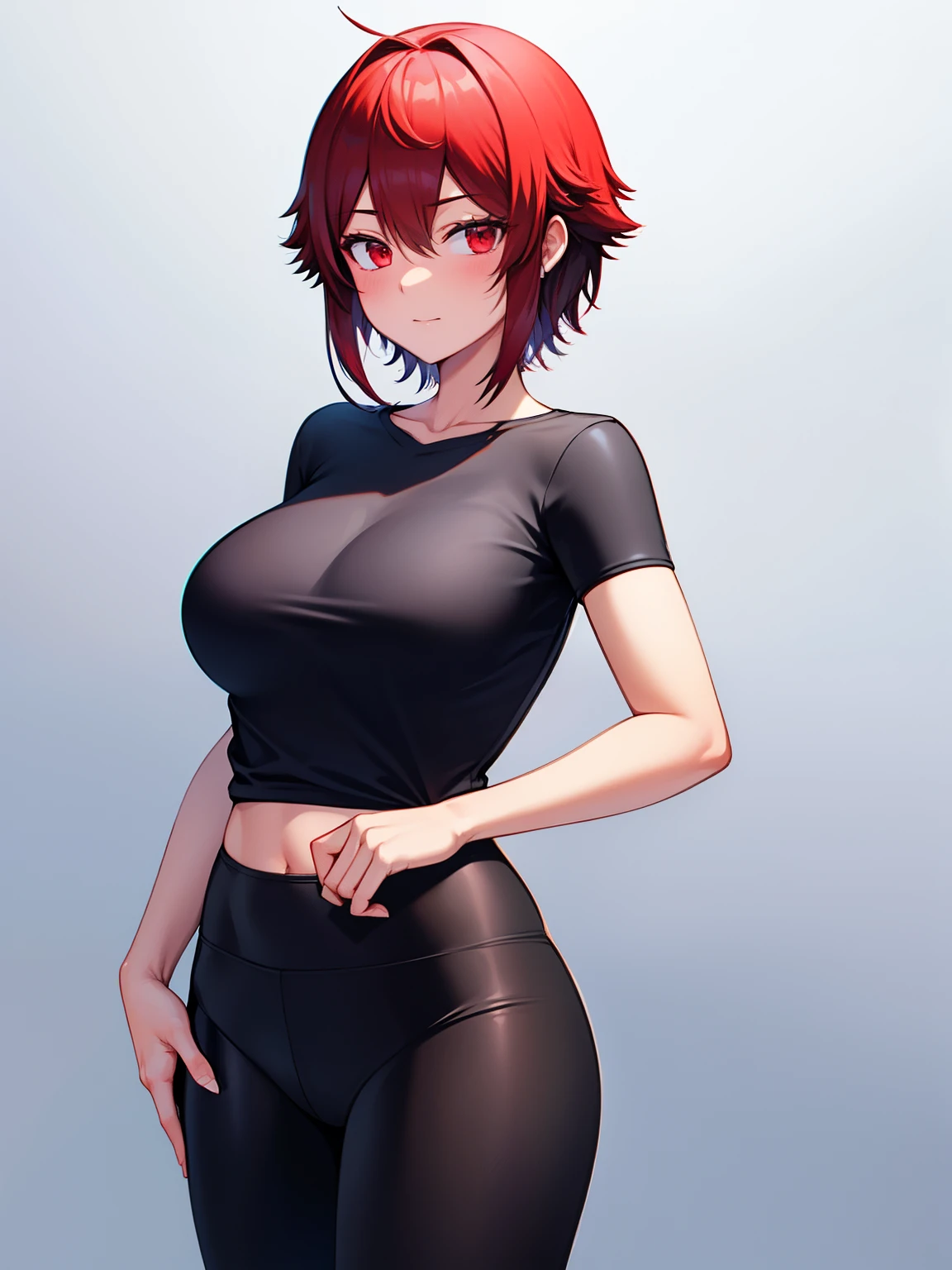 8k, best quality, masterpiece, ultra-detailed,1girl,solo, Stand,facing backwards, slight smile,aizawa tomo,red eyes,red hair,black t-shirt, black t-shirt,black leggings, long leggings,ultra detail, ultra HD