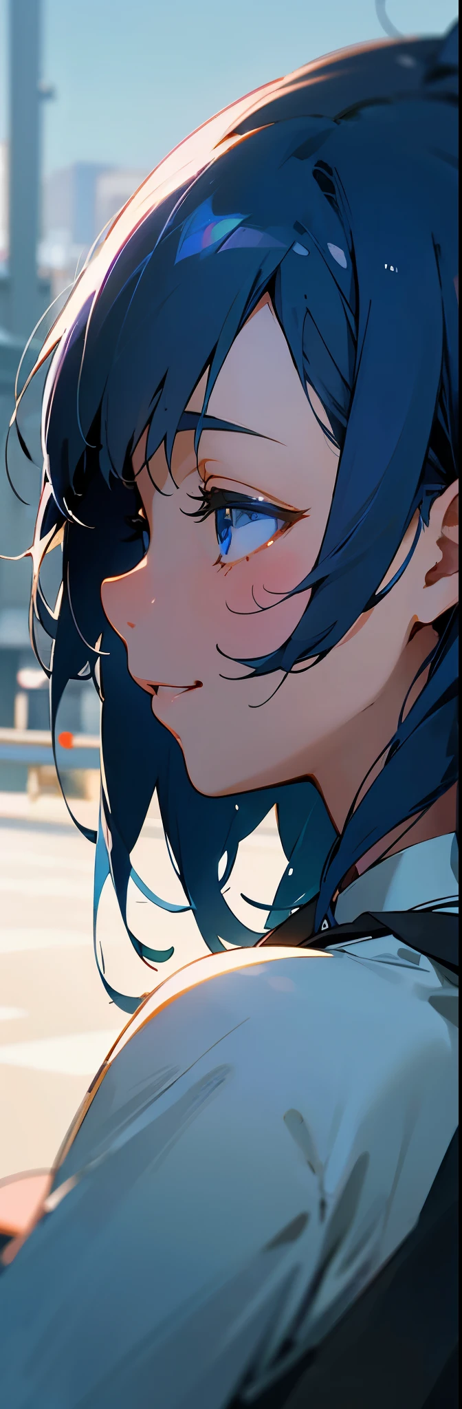 1girl、anime painting、dark blue hair、moist light blue eyes、smile、profile、upper body close-up、Morning Cafe Terrace、background bokeh, sharp outline
