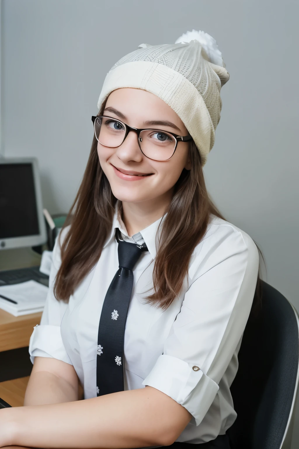 young french girl with beatiful face , facing the camera, wearing a winter hat , wearing glasses, professional photo, very respectful young woman, looking very educated and nice , a litle smile . the photo should be professional like in a company desk . hair ponystyle , wearing a professional outfit with a tie , neck covered , tie