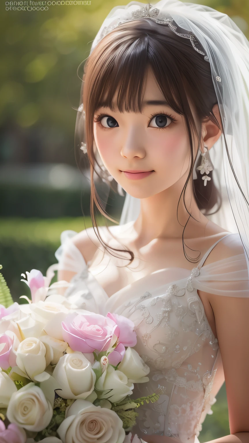 ((sfw: 1.4)), ((detailed face, cute face,brown eye)), ((professional photography)), ((wedding dress, smile, 1 Girl)), Ultra High Resolution, (Realistic: 1.4), RAW Photo, Best Quality, (Photorealistic Stick), Focus, Soft Light, (()), ((Japanese)), (( (young face))), (surface), (depth of field), masterpiece, (realistic), woman, bangs, ((1 girl))
