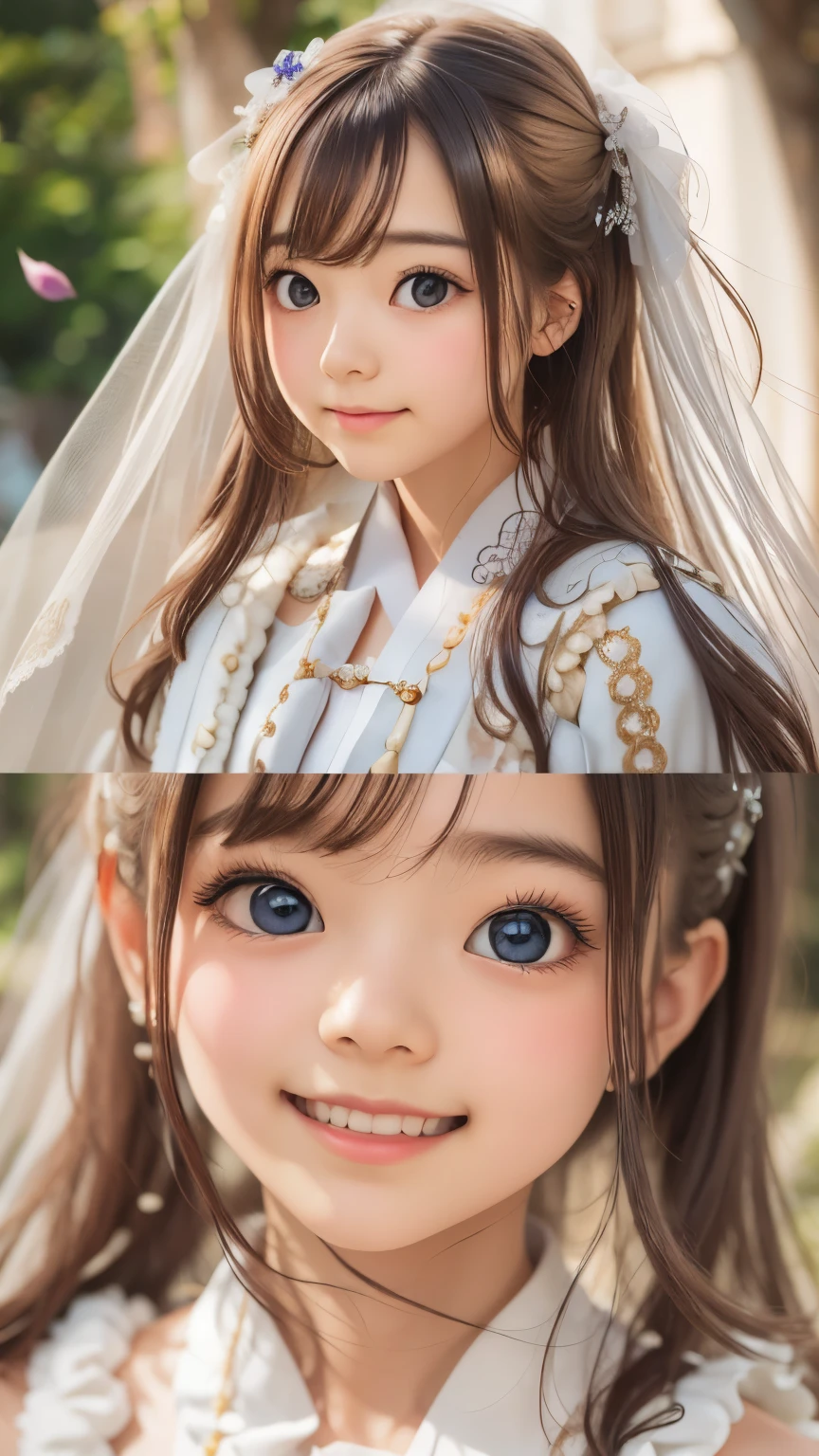 ((sfw: 1.4)), ((detailed face, cute face,brown eye)), ((professional photography)), ((wedding dress,  smile, 1 Girl)), Ultra High Resolution, (Realistic: 1.4), RAW Photo, Best Quality, (Photorealistic Stick), Focus, Soft Light, ((15 years old)), ((Japanese)), (( (young face))), (surface), (depth of field), masterpiece, (realistic), woman, bangs, ((1 girl))