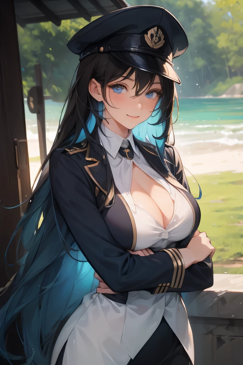 Esdeath, 1girl, breasts, long hair, blue hair, blue eyes, cleavage, large breasts, very long hair, uniform, military, nature, military uniform, cold, imposing, tattoo, brown hair, smile, mature woman