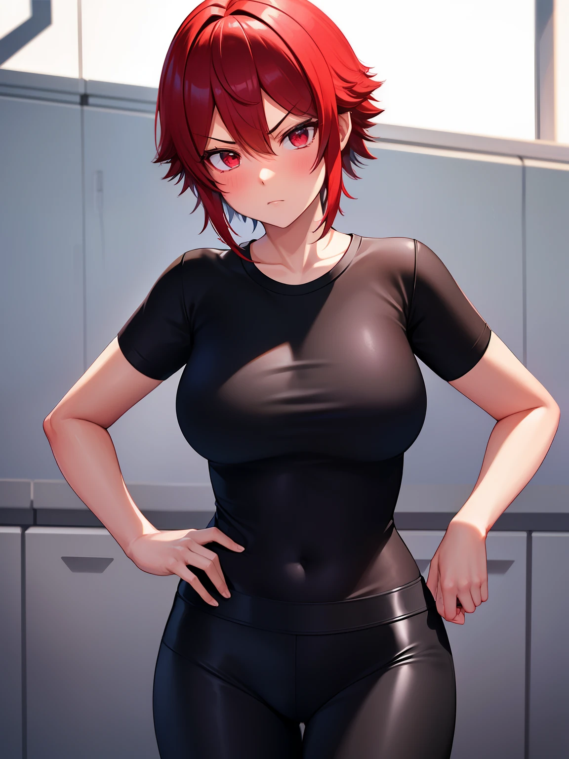 8k, best quality, masterpiece, ultra-detailed,1girl,solo, Stand,Angry expression,aizawa tomo,red eyes,red hair,black t-shirt, black t-shirt,black leggings, long leggings,ultra detail, ultra HD