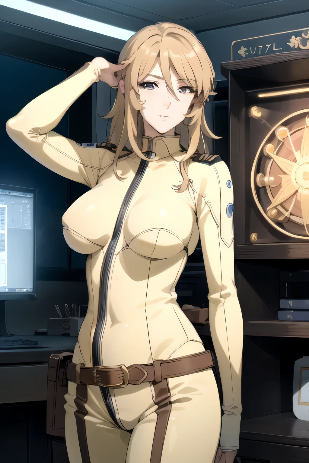 (((best quality))), (((masterpiece))), (((detailed))),
MoriYuki,
solo, closed mouth, light smile,
blonde hair, long hair, (brown eyes), (best quality eyes), (detailed face),
MoriBodysuit, (yellow bodysuit), belt,
standing, looking at the viewer, from back,
science fiction, cockpit, starry sky, (big breasts), thighs