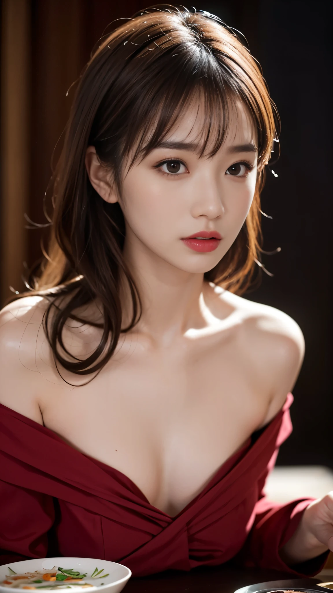 realistic, Highly Detailed CG Integrated 8 thousand Dendenden Wallpapers, Detail, High quality RAW color photos, professional photography, (8 thousand, RAW photos, best quality, table top: 1.2), (realistic, realistic: 1.37), Highres, High, High 품질, High품질 감독자, Detail, hyper, Detail, ultra High definition, Super facial, Detail, 얼굴 make-up, pale face, red lips, 8 thousand, chinese makeup, exquisite makeup, open shoulder, (Circlelands), big bust, colorful eye makeup, long wavy hair, (벌어지고 처진 big bust:1.2), show me your chest, look straight ahead, portrait,