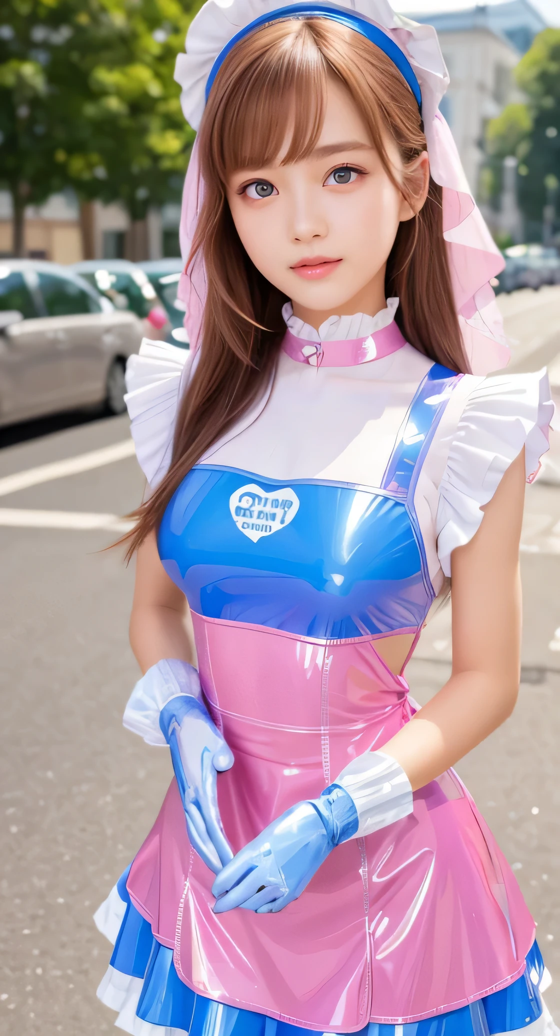 Angelic very beautiful cute young girl,
Beautiful detailed eyes,
Detailed double eyelids,
(Soft Saturation: 1.3),
(Fair skin: 1.3),v-line jaw,
(Large eyes:1.4),
Long straight brown hair,
see-through bangs,(15 yo:1.3),
Sharp Focus,
beautiful detailed face and eyes,
drooping eyes,
small straight nose,
small mouth,
happy smiling with visible teeth, 85mm lens, F/8.0,BREAK (Super shiny pink and blue latex maid costume :1.3),Walking,Brown hair ,(Costumes with strong reflective surfaces:1.3),
(Best Quality:1.2),(Maid latex costume:1.5),
Raw photo,
High resolution,
perfect detail,
Professional Photography,
Professional Lighting,
Powerful lighting of the costume,In the street