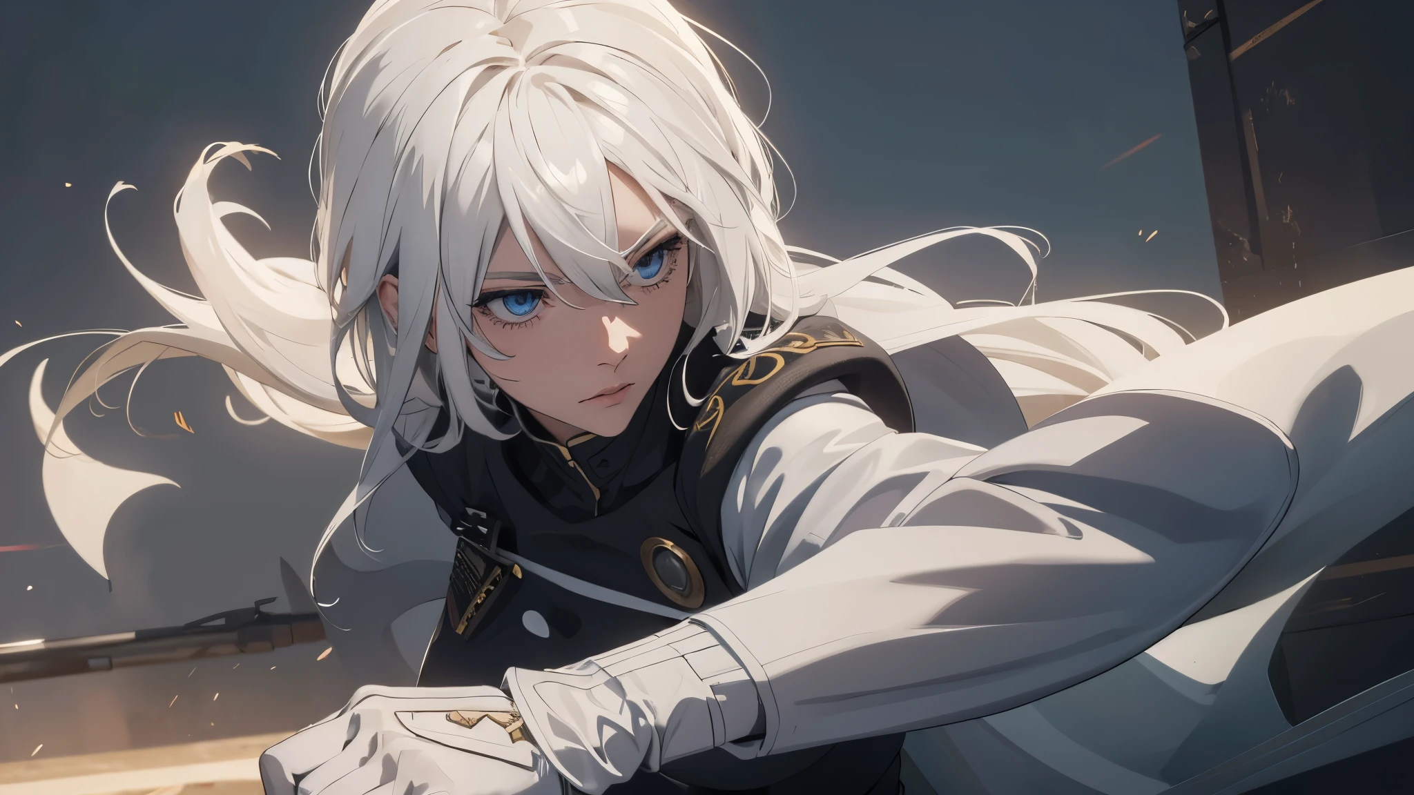 (extremely detailed CG unity 8k wallpaper), (masterpiece), (best quality), (ultra-detailed), (best illustration), (best shadow), (absurdres) ,(detailed eyes), 2b, 1girl, long hair, white hair, solo, Intimidating women, admiral uniform, night, hero pose, white clothes, General Uniform, Military Uniform, Sunlight, exposed to sunlight,commander, fighting pose, wearing cape