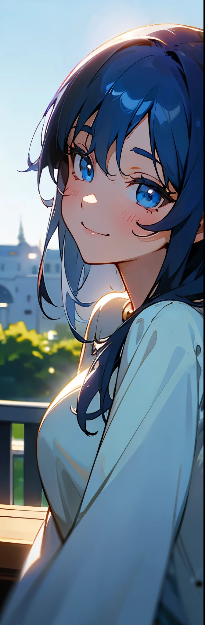 １girl、anime painting、dark blue hair、Shining light blue eyes、smile、upper body close-up、Morning Cafe Terrace、background bokeh, sharp outline