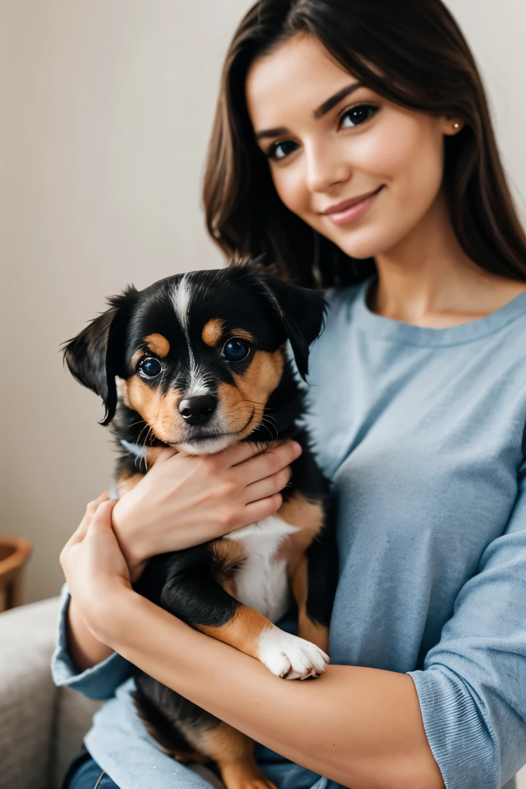 a woman holding a little dog