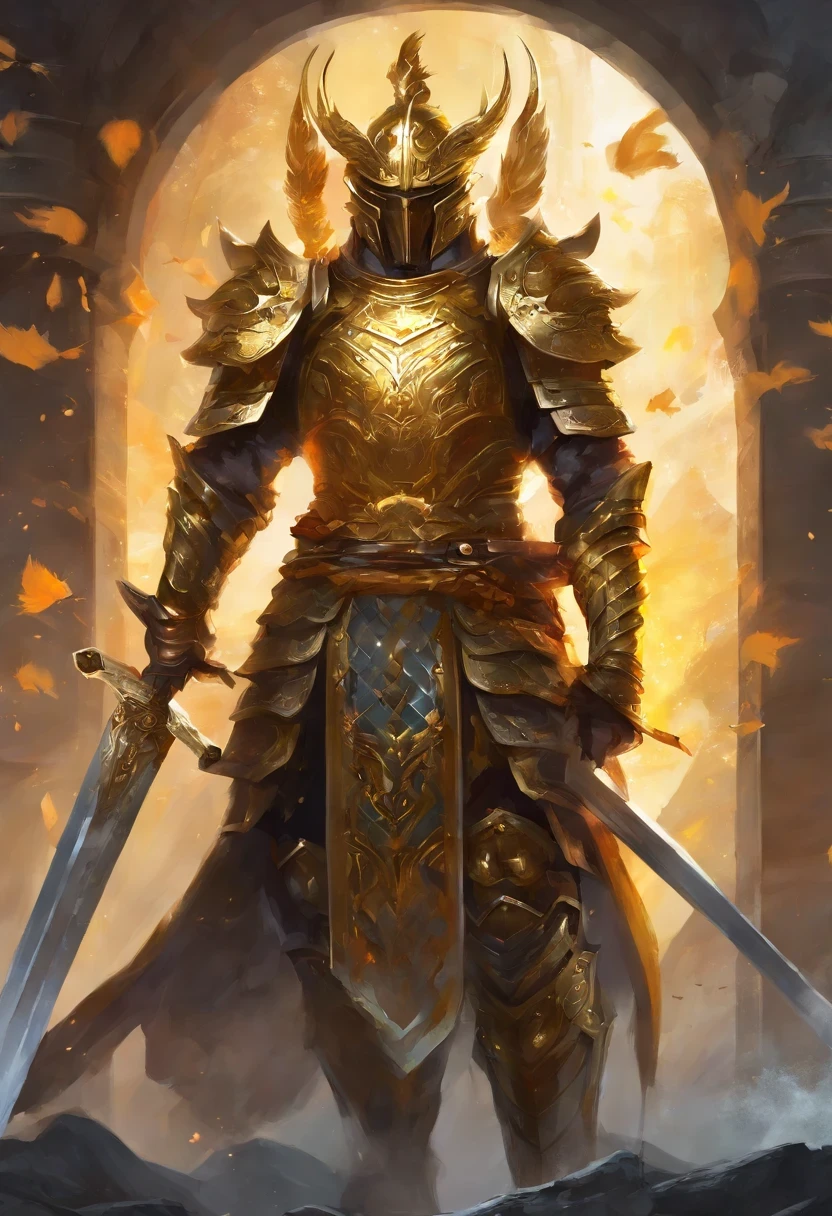A warrior with a golden and shiny armour like a samurai. A double edged and majestic swordHe is surrounded by 10000 enemies in the darkness