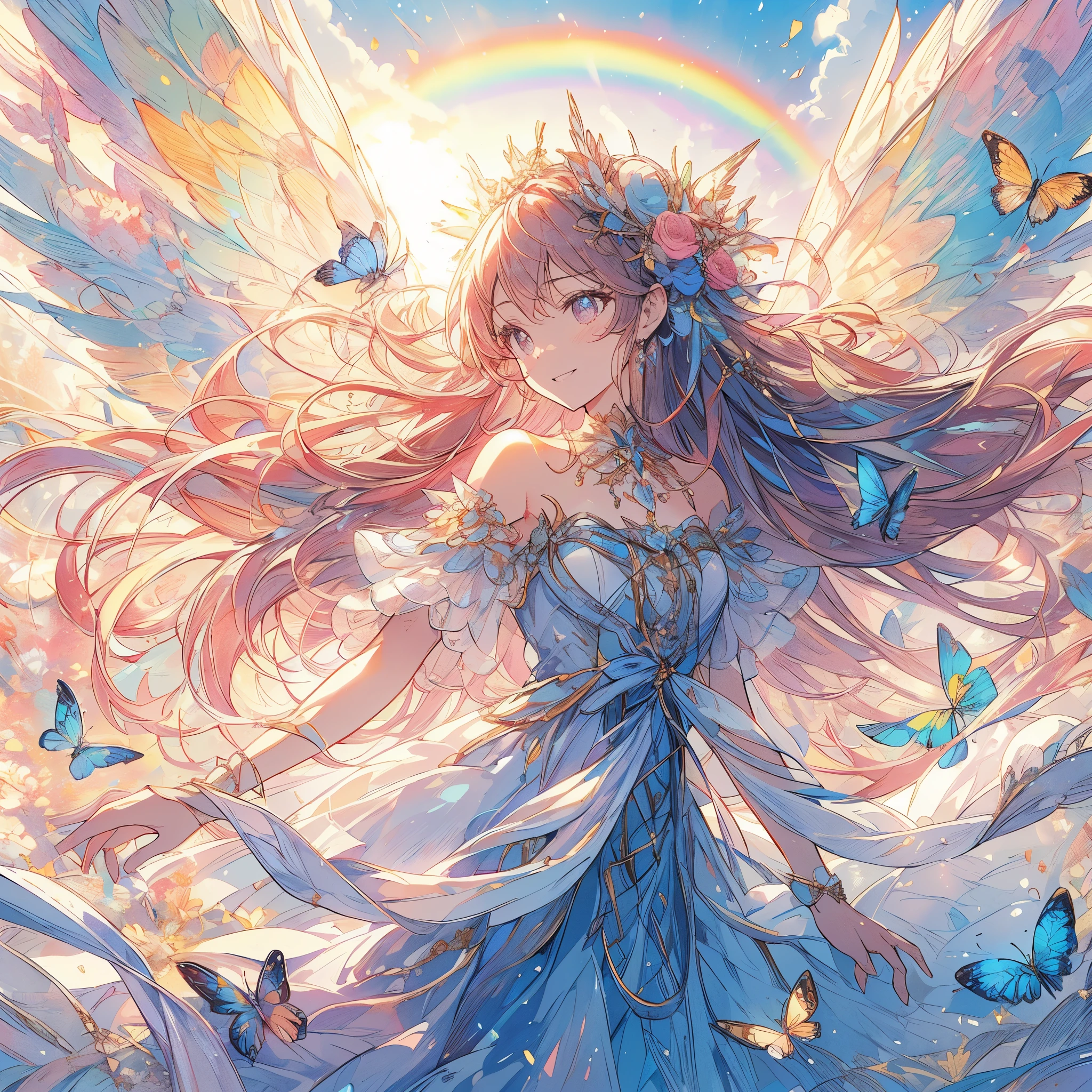 (exquisite, beautiful, very detailed, masterpiece, high quality,High resolution),(body whole,from a little far away,from head to toe),(design art,Soft thin lines:1.2, beautiful and delicate face,Transparent illustration),(fairy princess,Has butterfly-like fairy wings.),(sun,daytime,beautiful sky,rainbow,sunの下で元気に踊る),((super wide shot,Ultra wide angle of view,whole body)), ((fun,smile,full of energy)), (medium hair:1.5), (corolla,earrings,beautifulチョーカー,Gold ankles),((dancer dress,pastel colour,Fairy wings from the back)),(deep pink cheeks,plump pink lips,big bust,Fair skin, good style), (sunの光,pastel colour,bright atmosphere,colorful,highly saturated,fantasy),