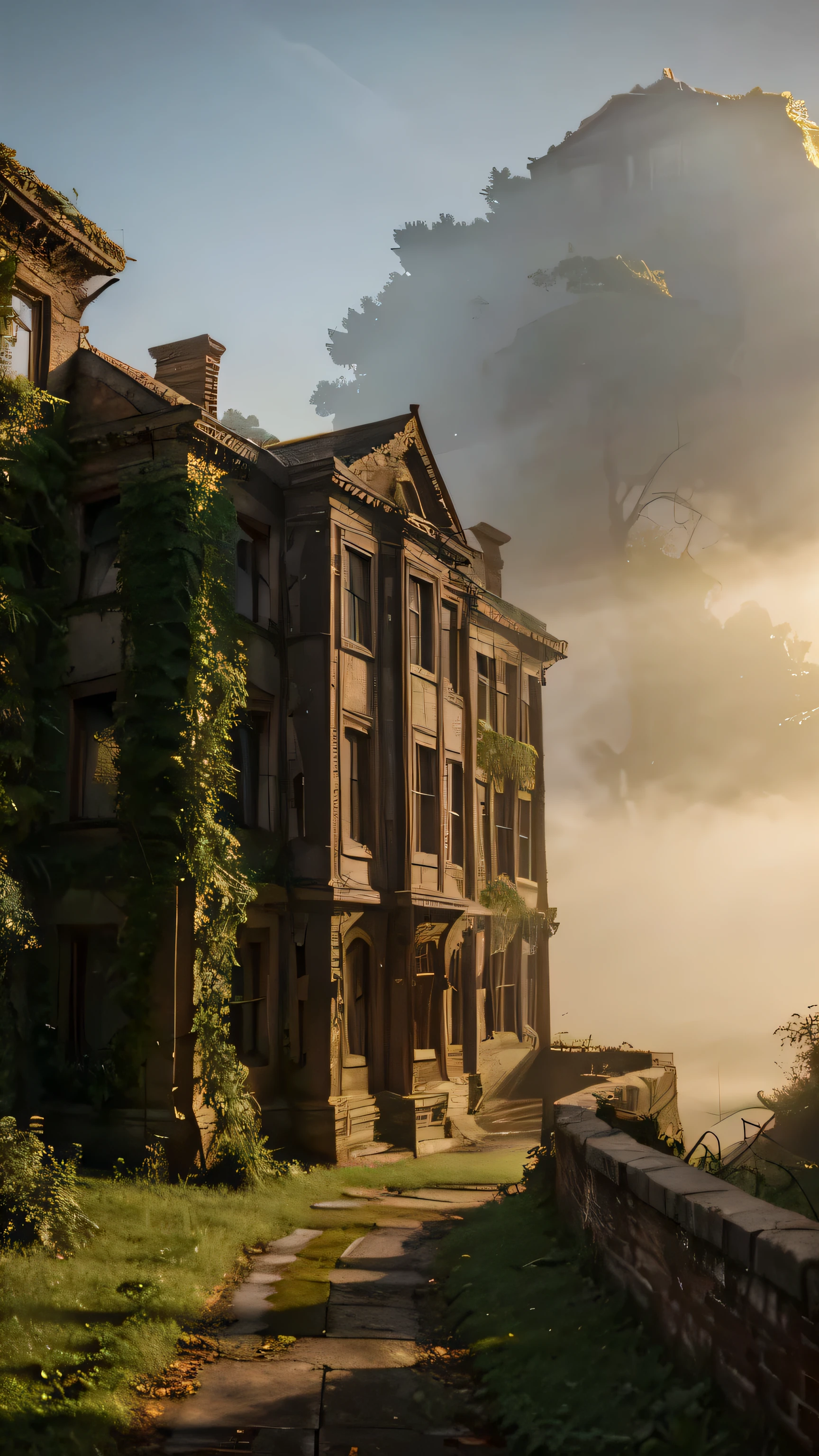 A dilapidated mansion atop a hill during the golden hour, shrouded in fog, with ivy-covered walls and a single light glowing from an upper window, creating a hauntingly beautiful scene.
Keyword: Dilapidated mansion in fog at golden hour