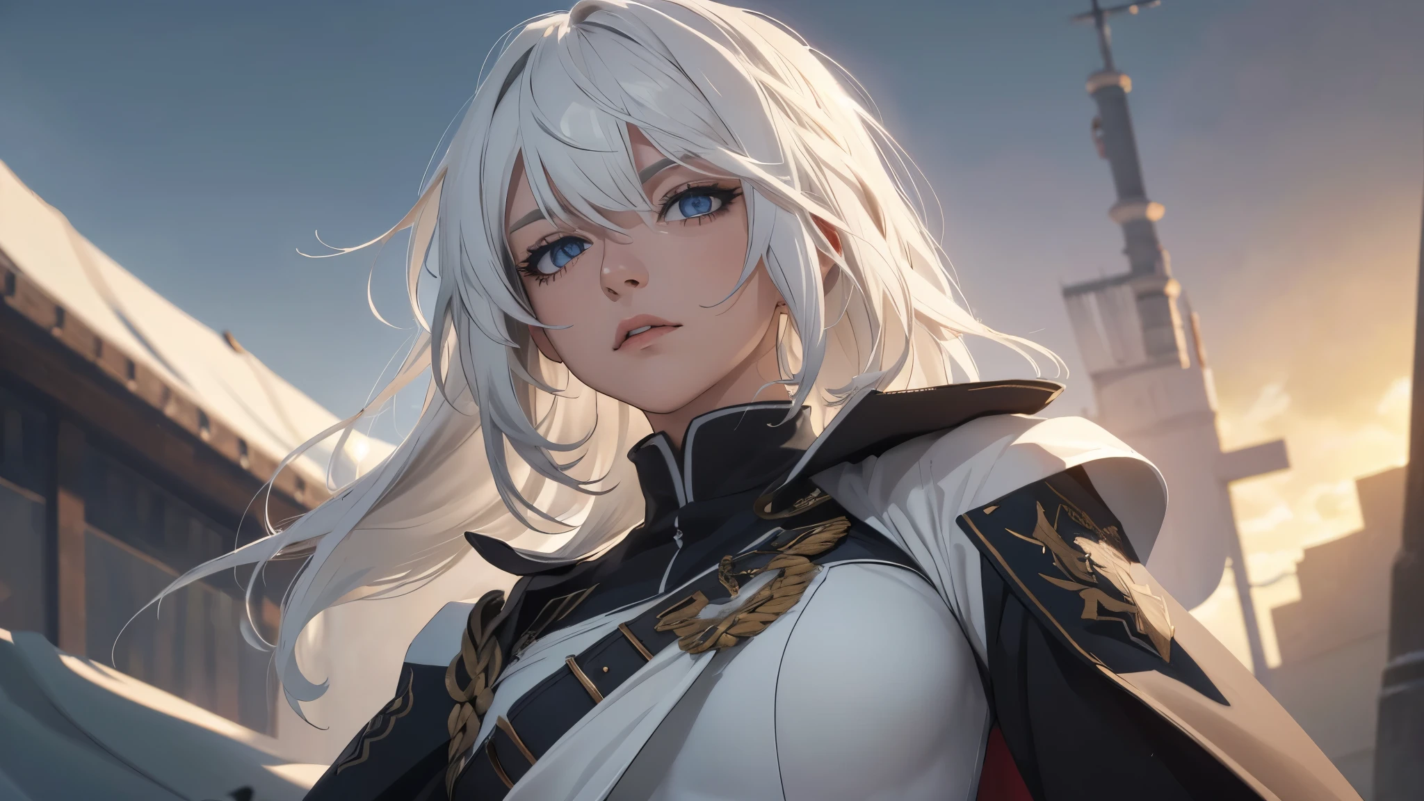 (extremely detailed CG unity 8k wallpaper), (masterpiece), (best quality), (ultra-detailed), (best illustration), (best shadow), (absurdres) ,(detailed eyes), 2b, 1girl, long hair, white hair, solo, Intimidating women, admiral uniform, night, hero pose, white clothes, General Uniform, Military Uniform, Sunlight, exposed to sunlight,commander, fighting pose, wearing cape