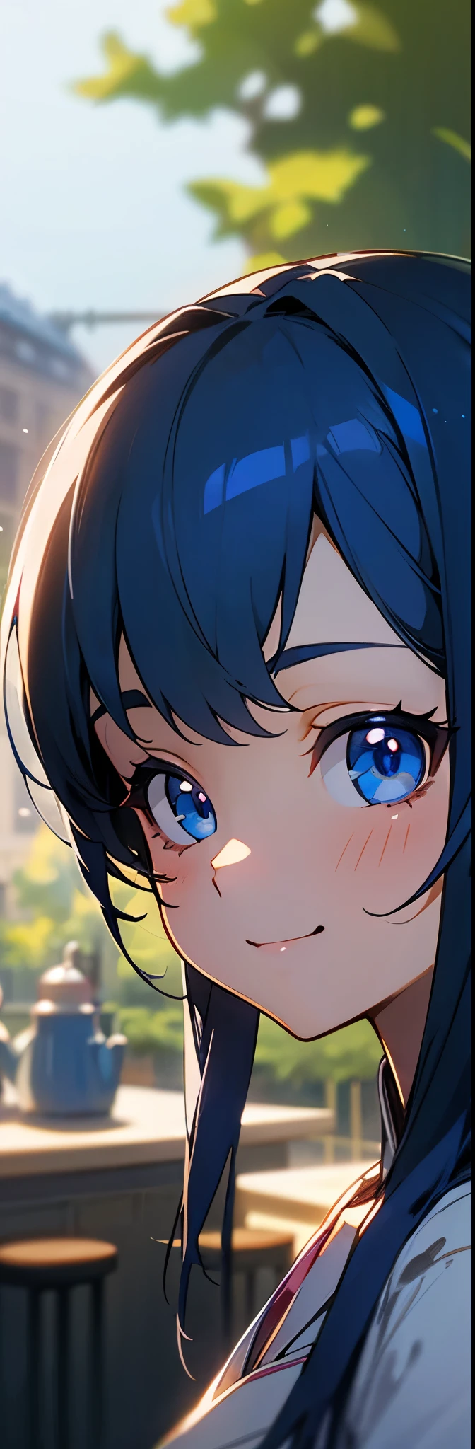 １girl、anime painting、dark blue hair、Shining light blue eyes、smile、upper body close-up、Morning Cafe Terrace、background bokeh, sharp outline