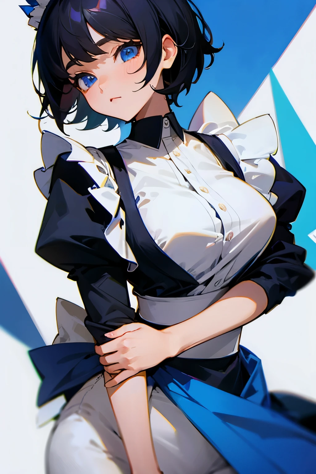 Girl, maid clothes, short black hair, blue eyes 