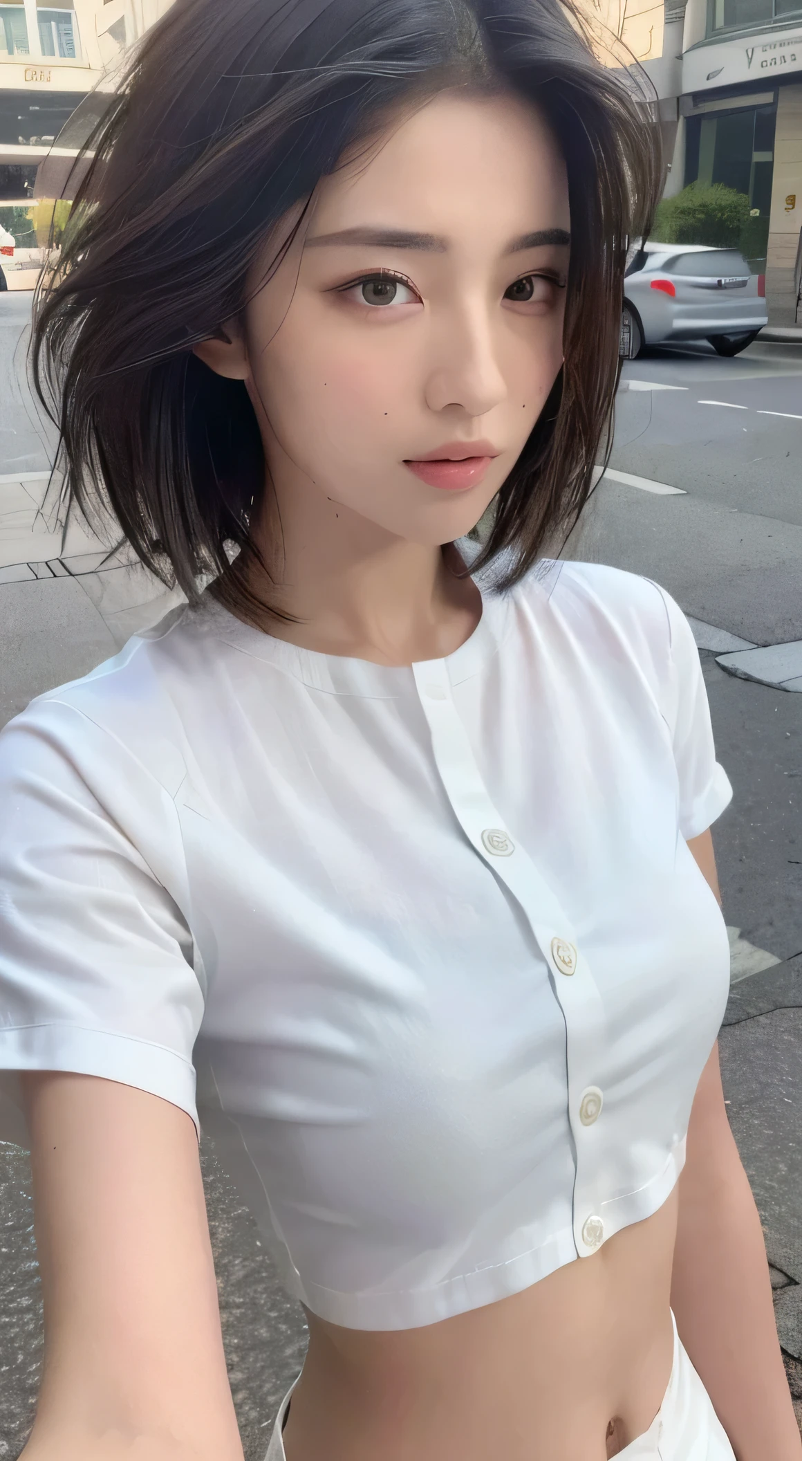 (((Top Quality, 8k, Masterpiece: 1.3)), Sharp Focus: 1.2, Beautiful Women with Perfect Body: 1.4, Slim Abdomen: 1.2, (((Layered Haircut, Big: 1.2)), (No Bra) (Small and Beautiful Hard Nipples) (Thin moist buttons up to shirt length: 1.1), (White shirt wet from rain), (Sunny, Street: 1.2), Wet body: 1.1, Highly detailed face and skin texture, detailed eyes, double eyelids, tanned skin, sexy, tanned