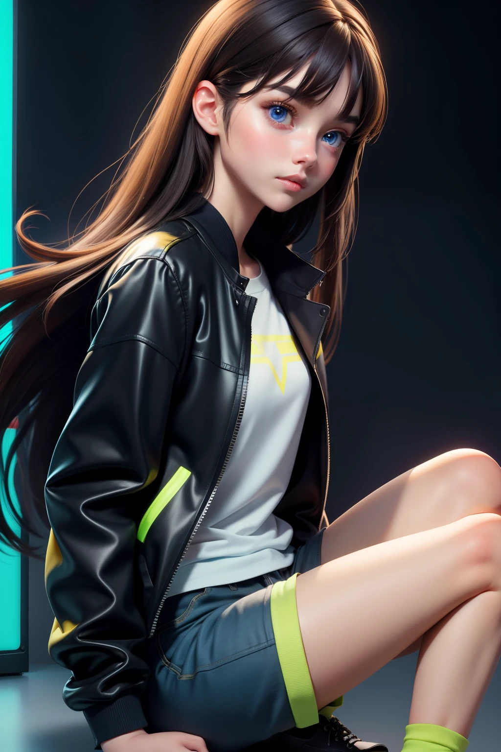 1 girl, dark brown hair, solo, long hair, blue eyes, clothes white t-shirt with black jacket and yellow neon. Short pants